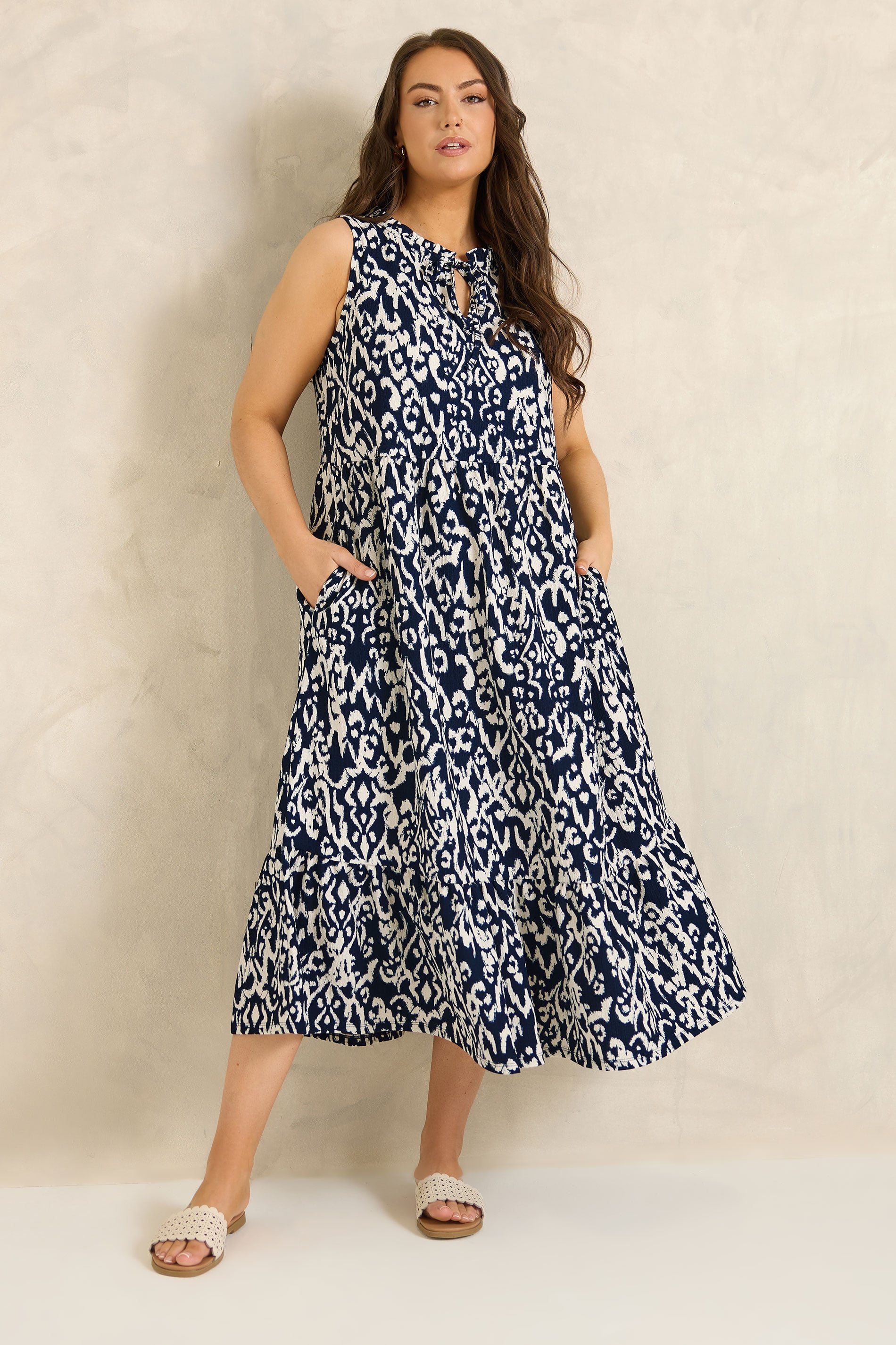 Evans Women's Blue Plus Navy Ikat Tie Neck Maxi Dress Size 20