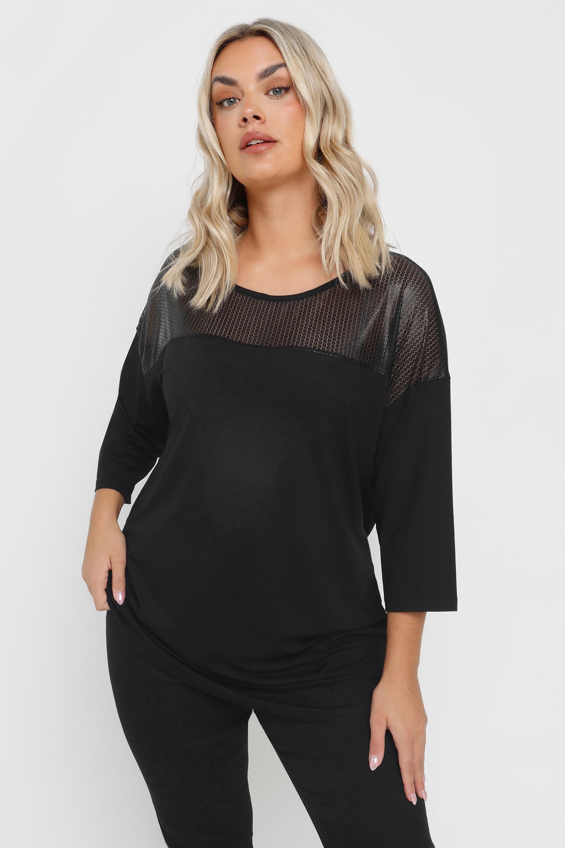 YOURS Plus Size Black Mesh Panel Sequin Top | Yours Clothing 3