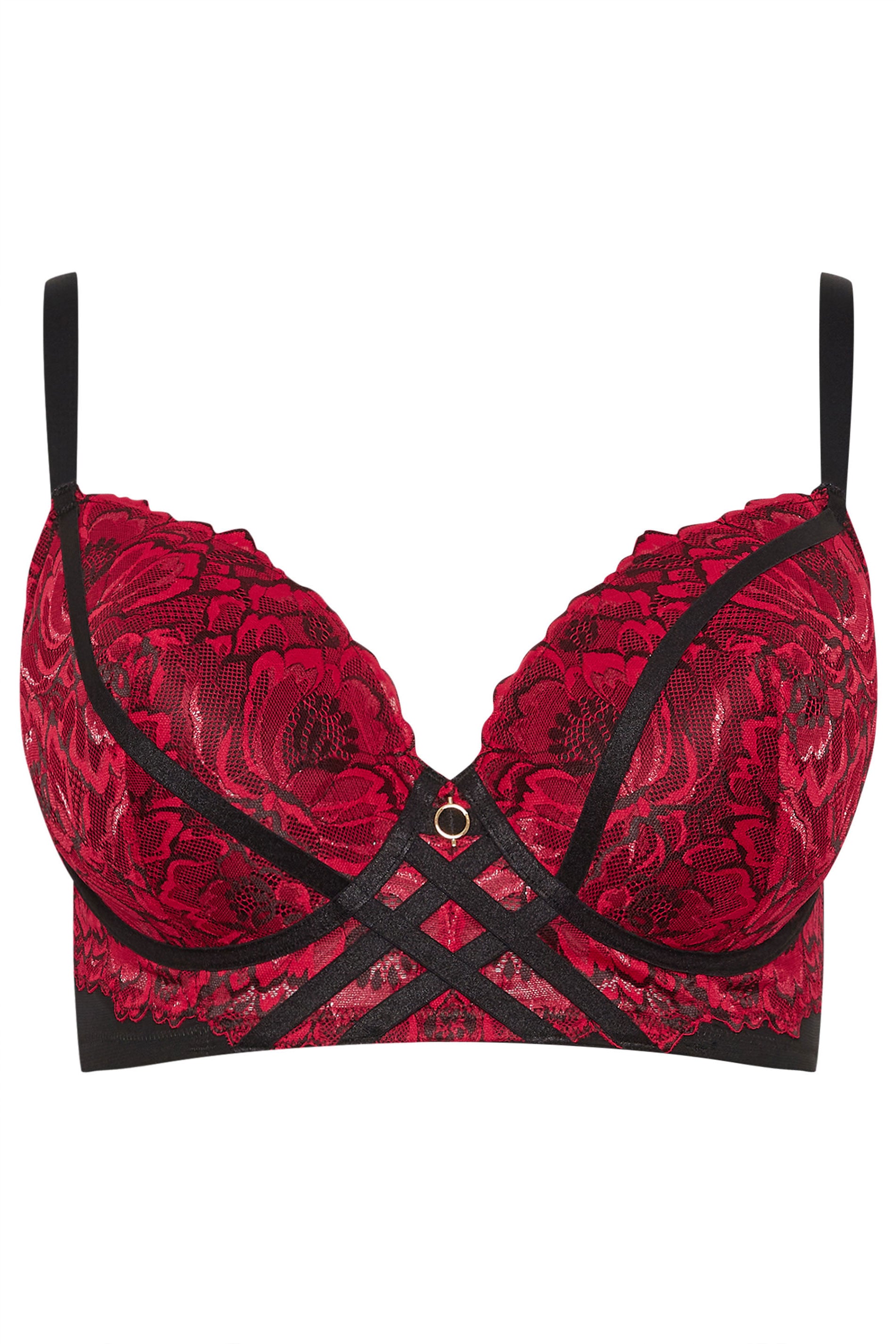 YOURS Plus Size Red & Black Lace Strap Detail Plunge Bra | Yours Clothing 3