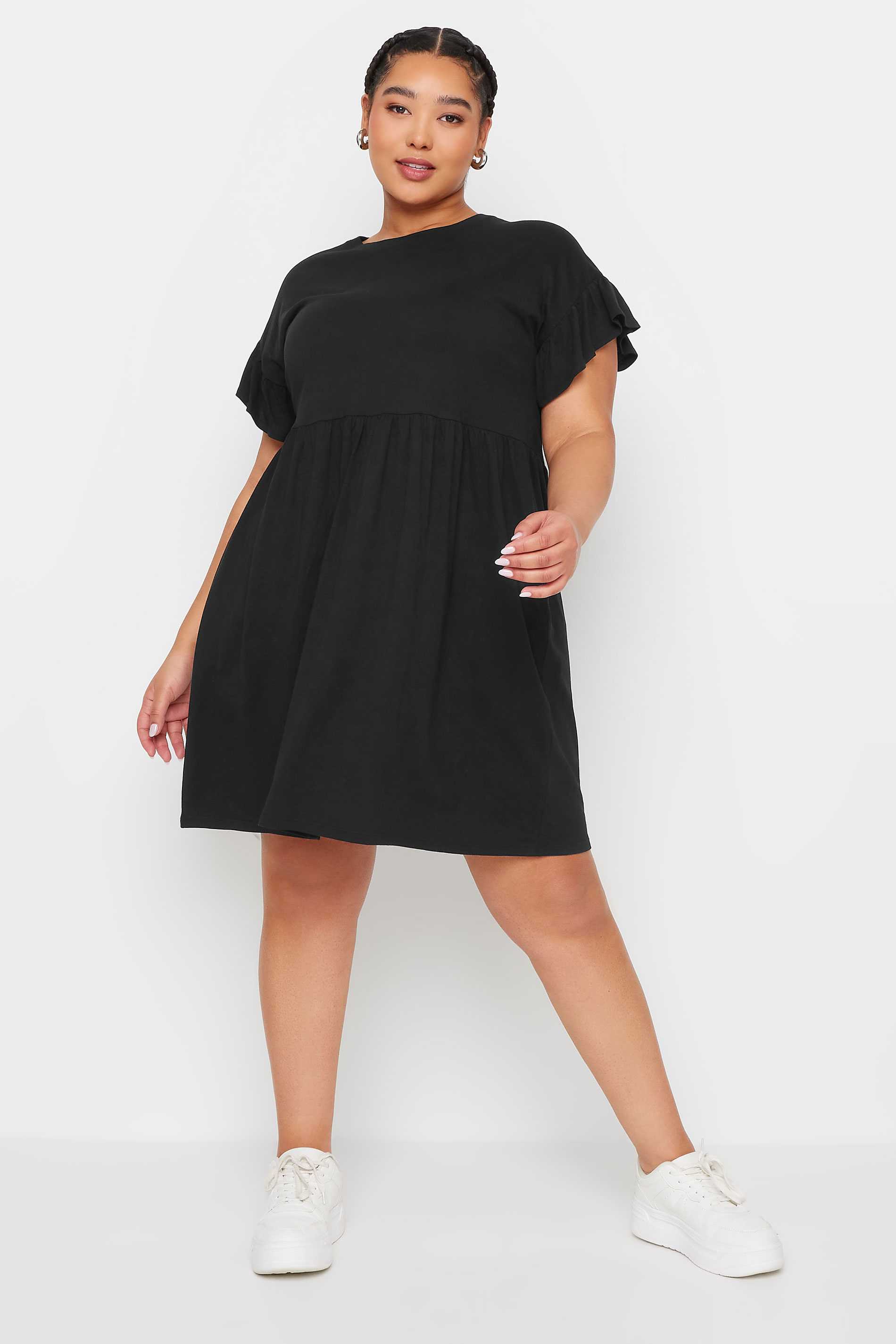 YOURS Plus Size Black Frill Sleeve Smock Tunic Dress | Yours Clothing 2