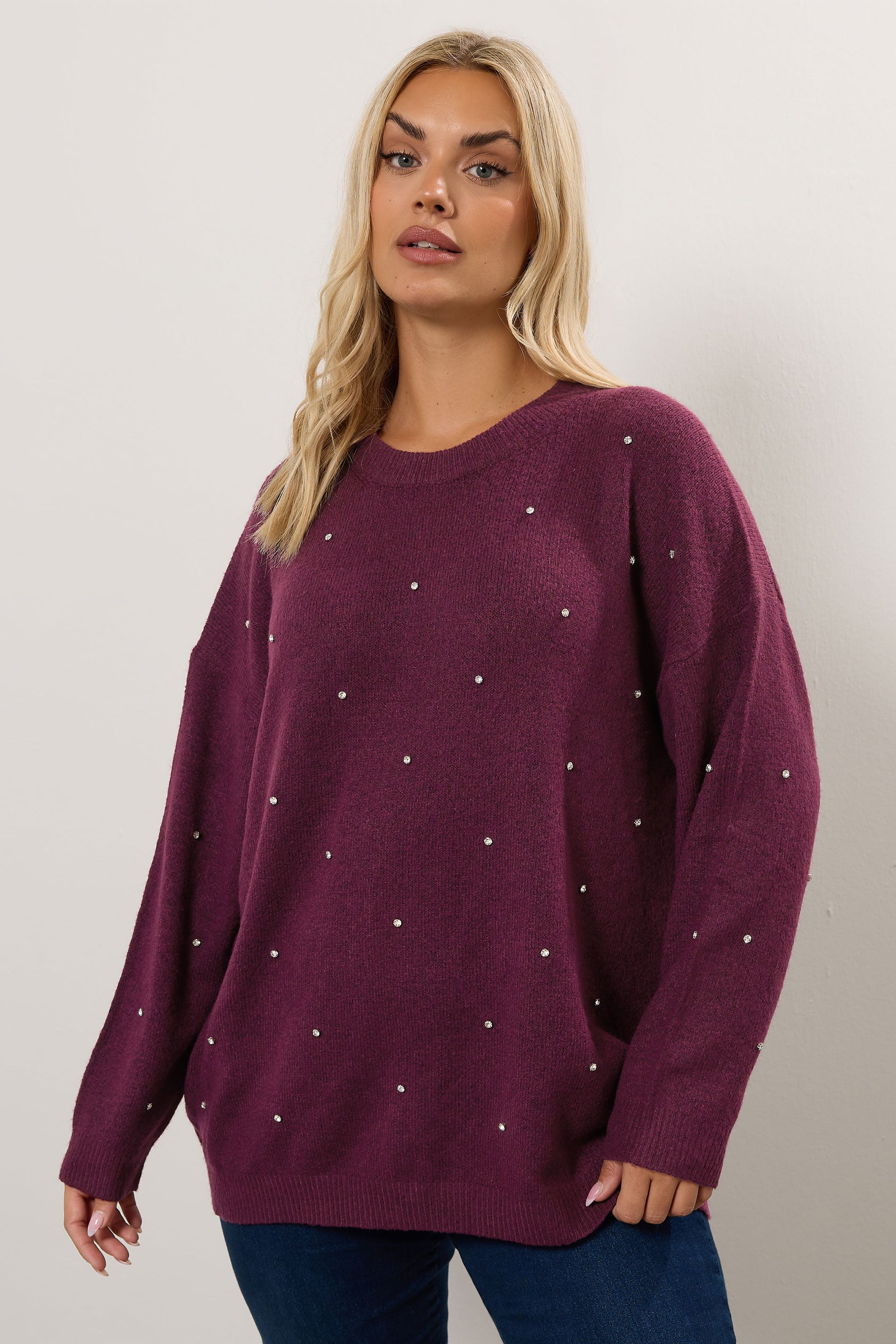 YOURS Plus Size Burgundy Red Diamante Embellished Jumper | Yours Clothing  3