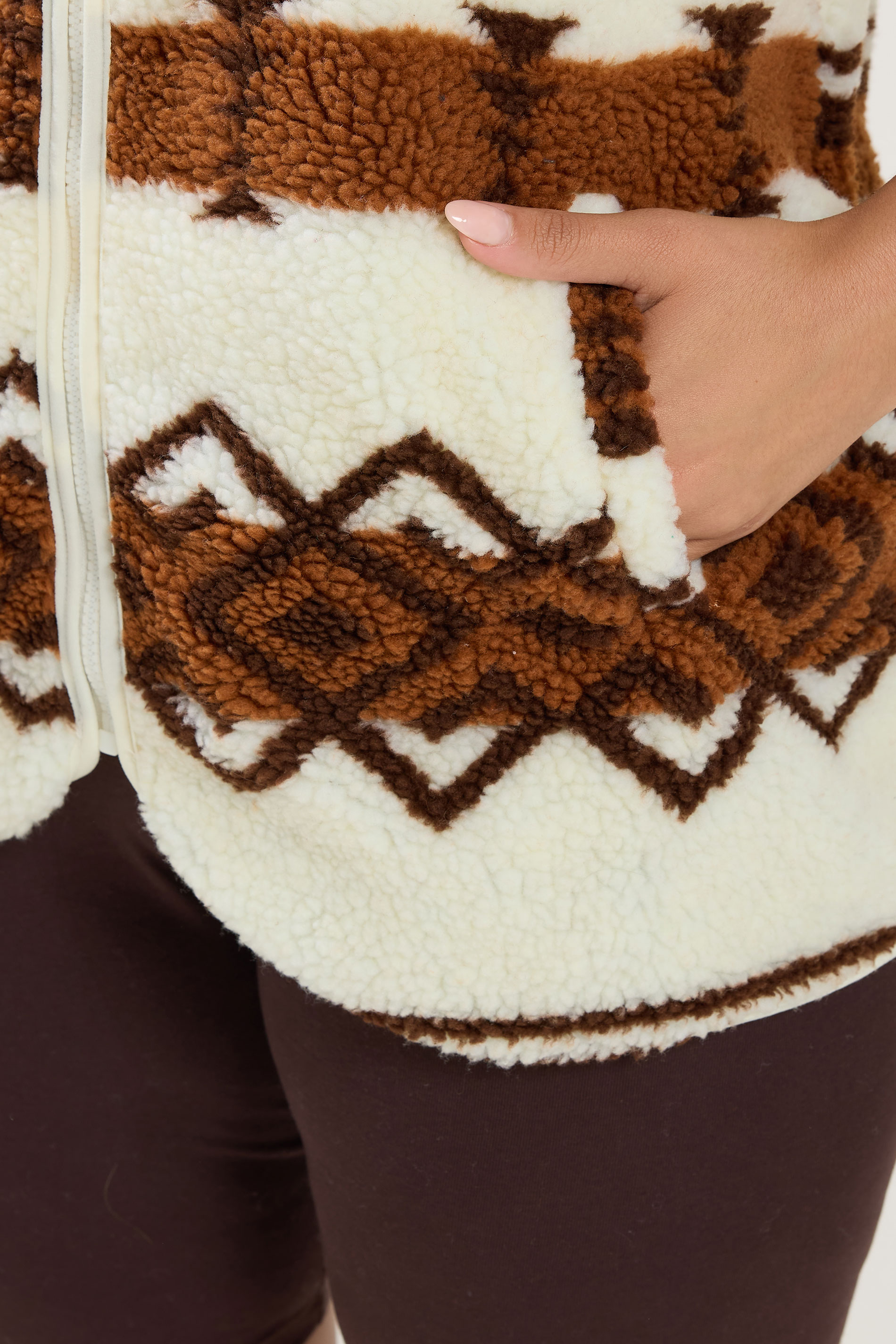 YOURS Plus Size Chocolate Brown Fairisle Borg Fleece Jacket | Yours Clothing 5