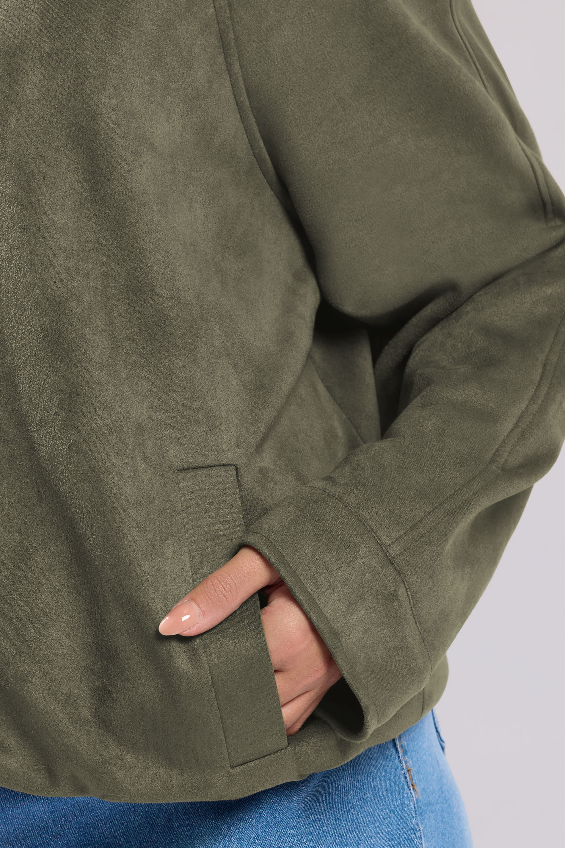 YOURS Plus Size Khaki Green Faux Suede Bomber Jacket | Yours Clothing 5