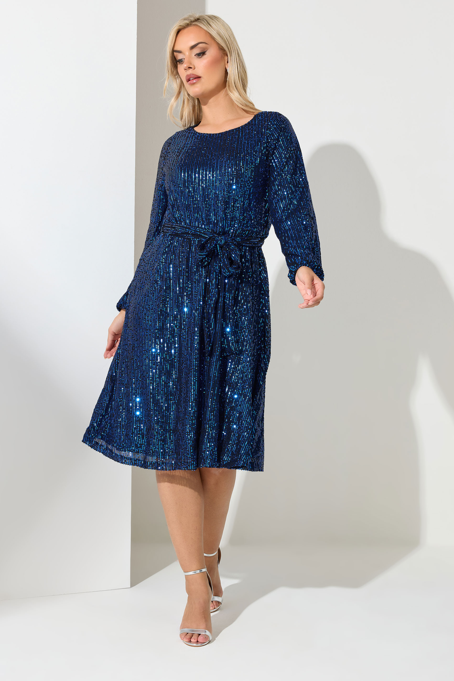 YOURS LONDON Plus Size Blue Sequin Skater Midi Dress | Yours Clothing 3