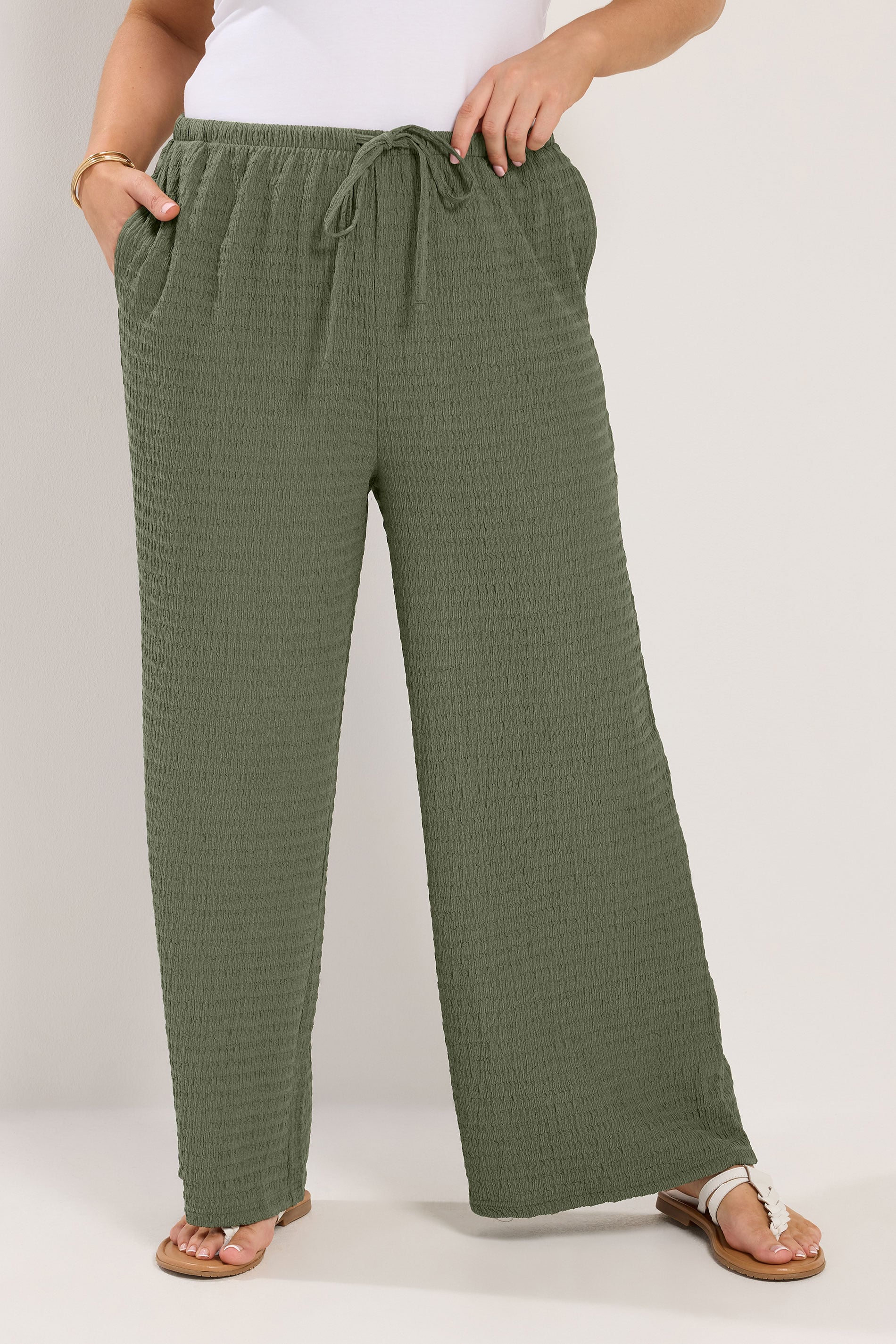 YOURS Plus Size Khaki Green Wide Leg Crinkle Trousers | Yours Clothing 3