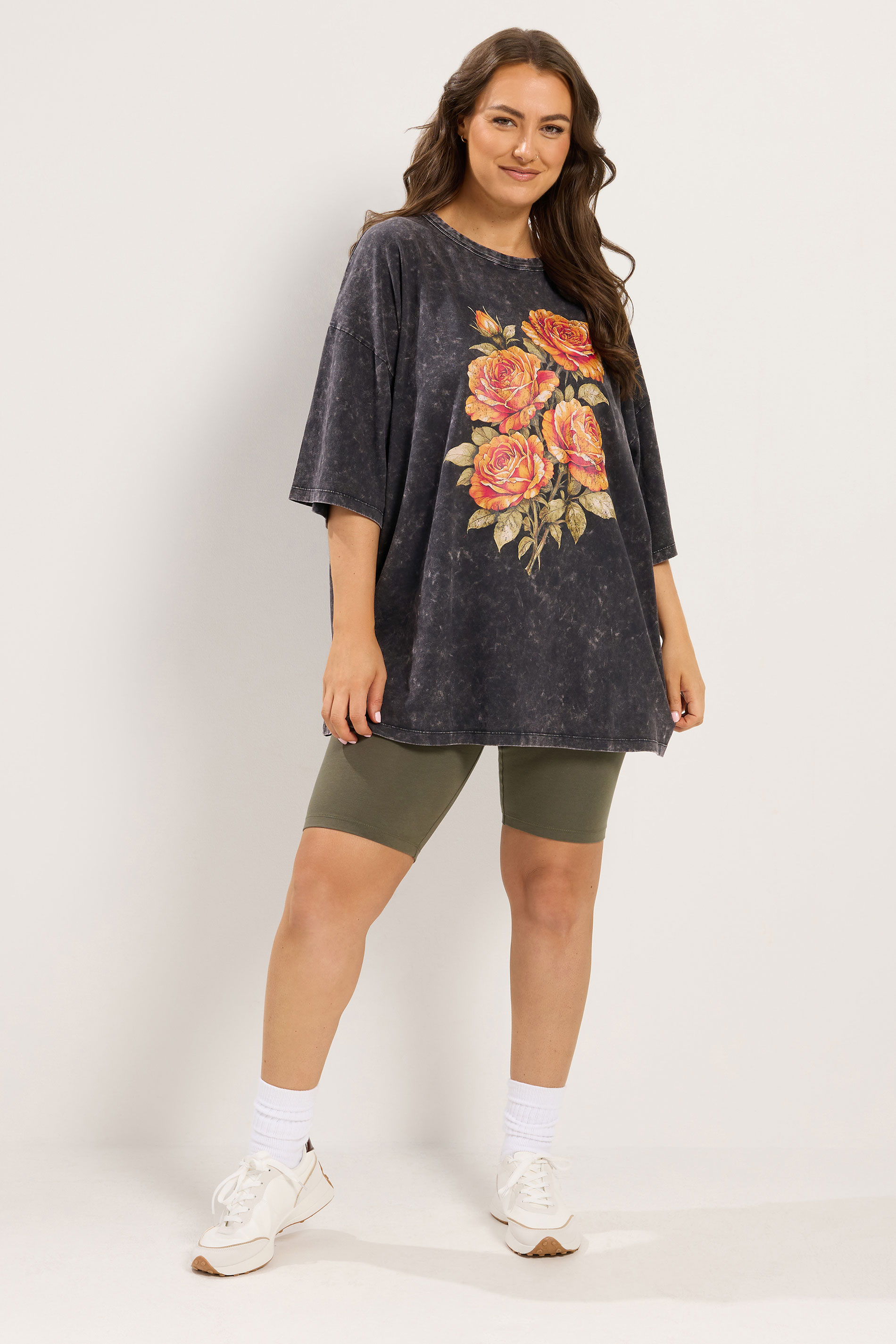 YOURS Plus Size Grey Acid Wash Rose Boxy T-Shirt | Yours Clothing 1