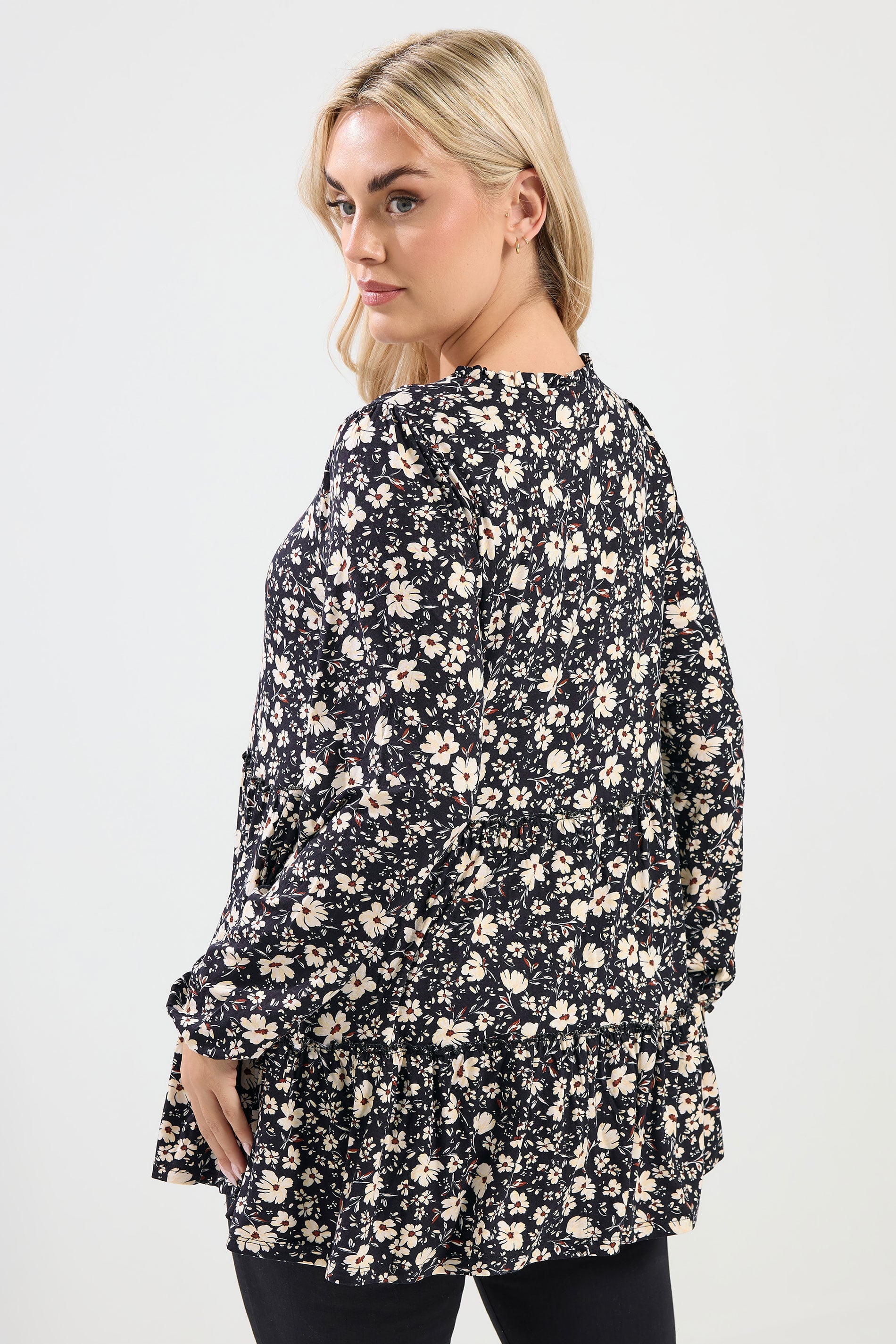 YOURS Plus Size Black Floral Tie Neck Tiered Blouse | Yours Clothing 2