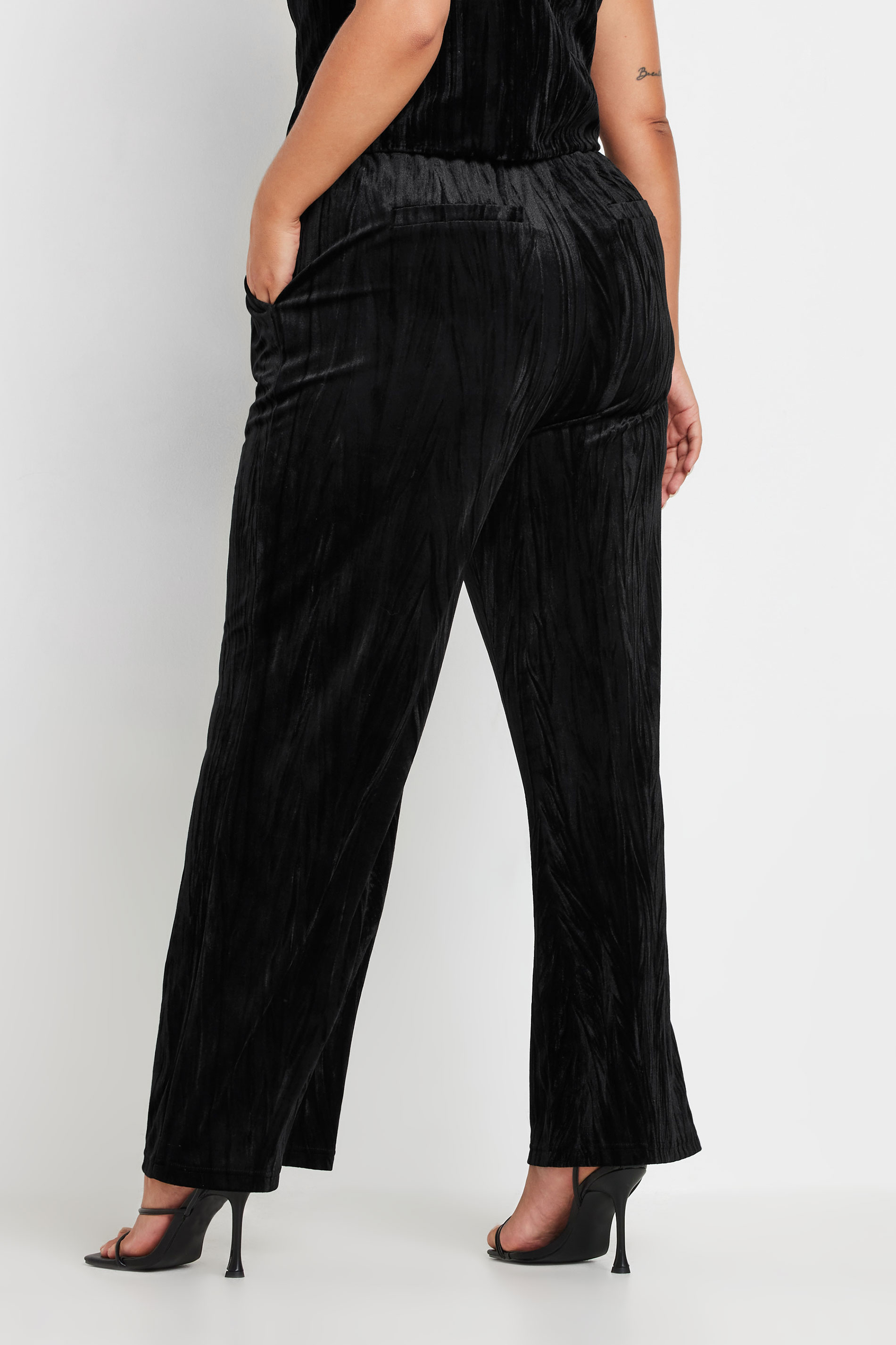 YOURS Plus Size Black Crushed Velvet Wide Leg Trouser | Yours Clothing 4
