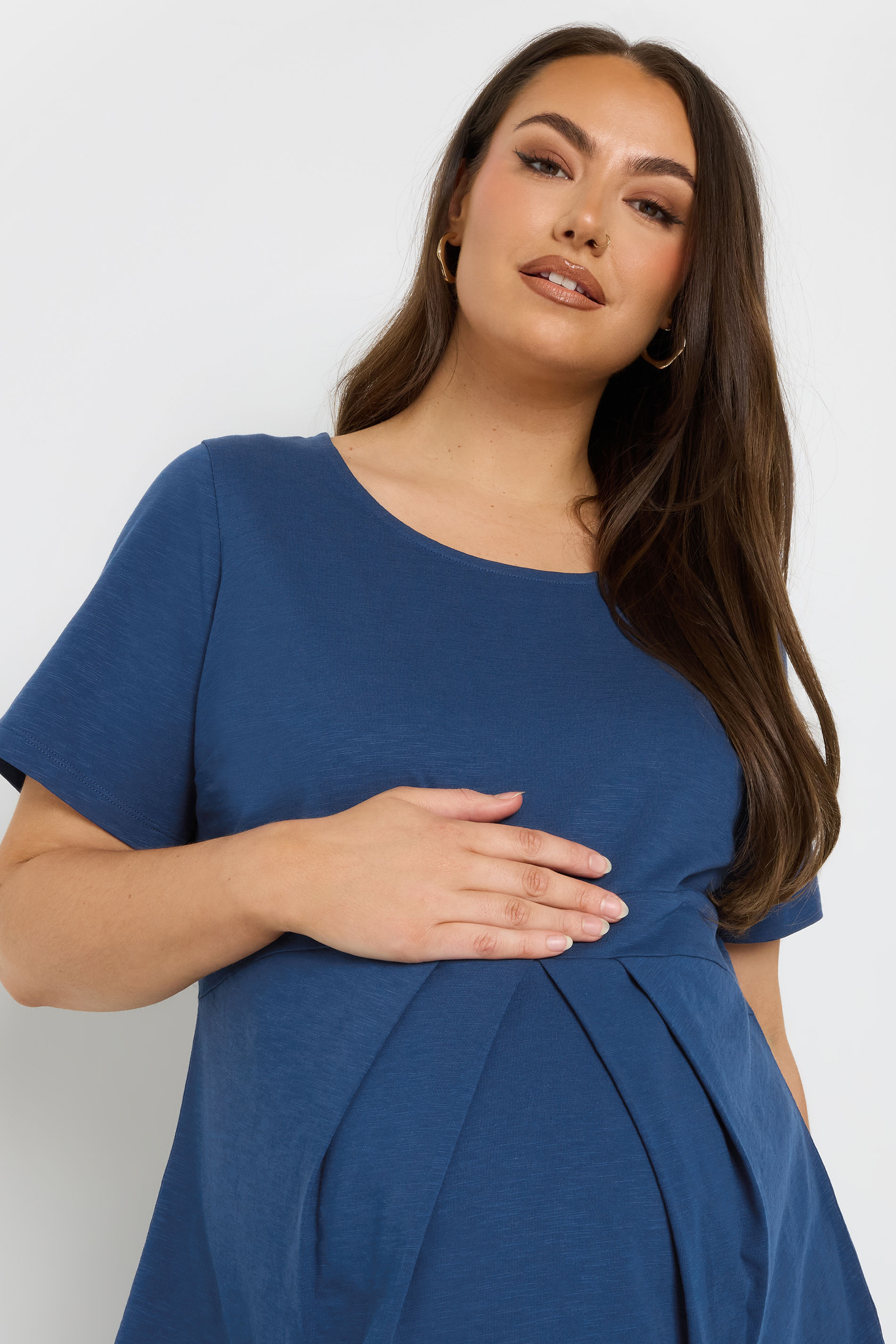 BUMP IT UP MATERNITY Plus Size Navy Blue Soft Cotton Pleat Front Peplum Top | Yours Clothing 5