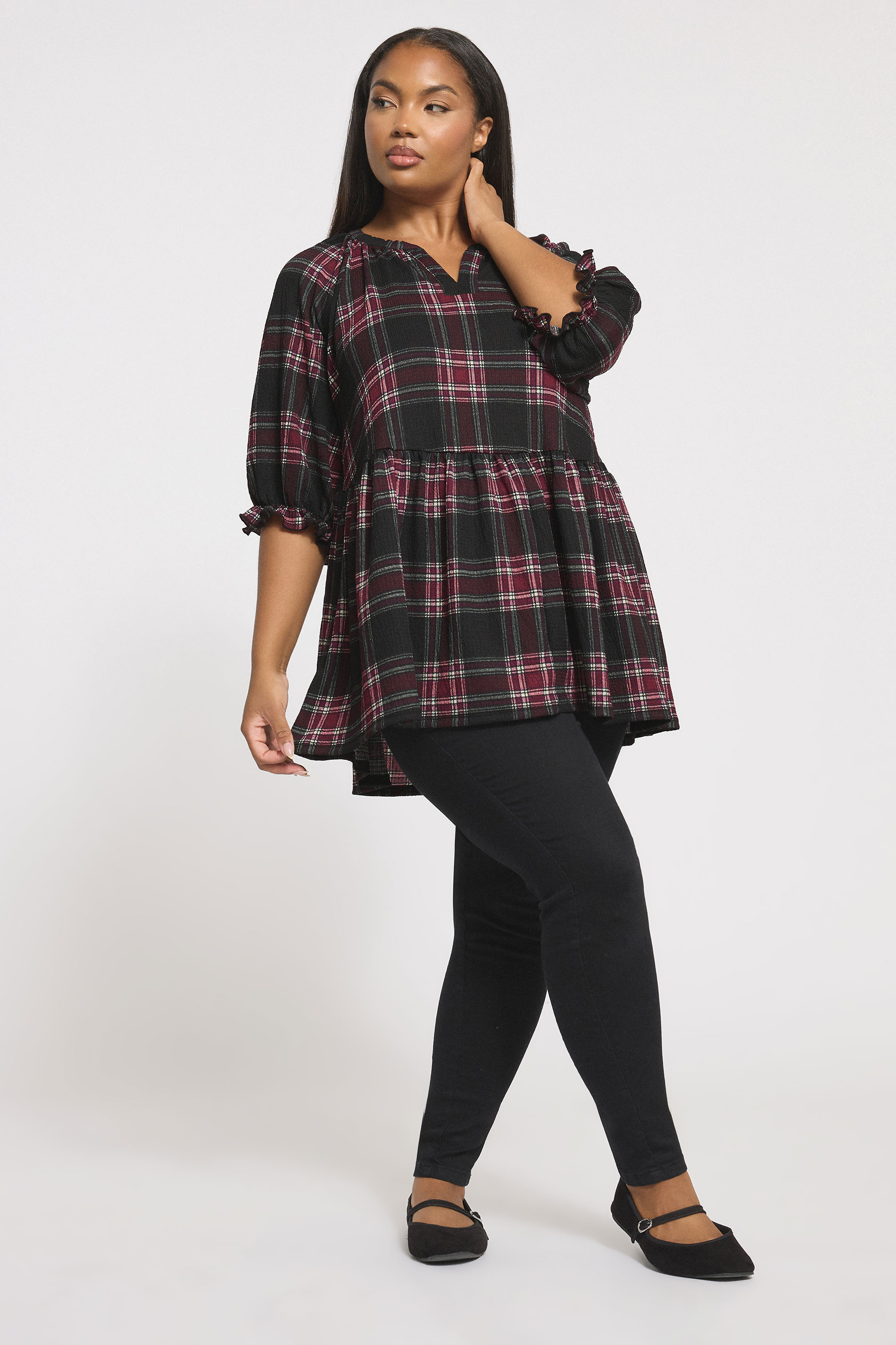 YOURS Plus Size Black Check Textured Peplum Top | Yours Clothing 1