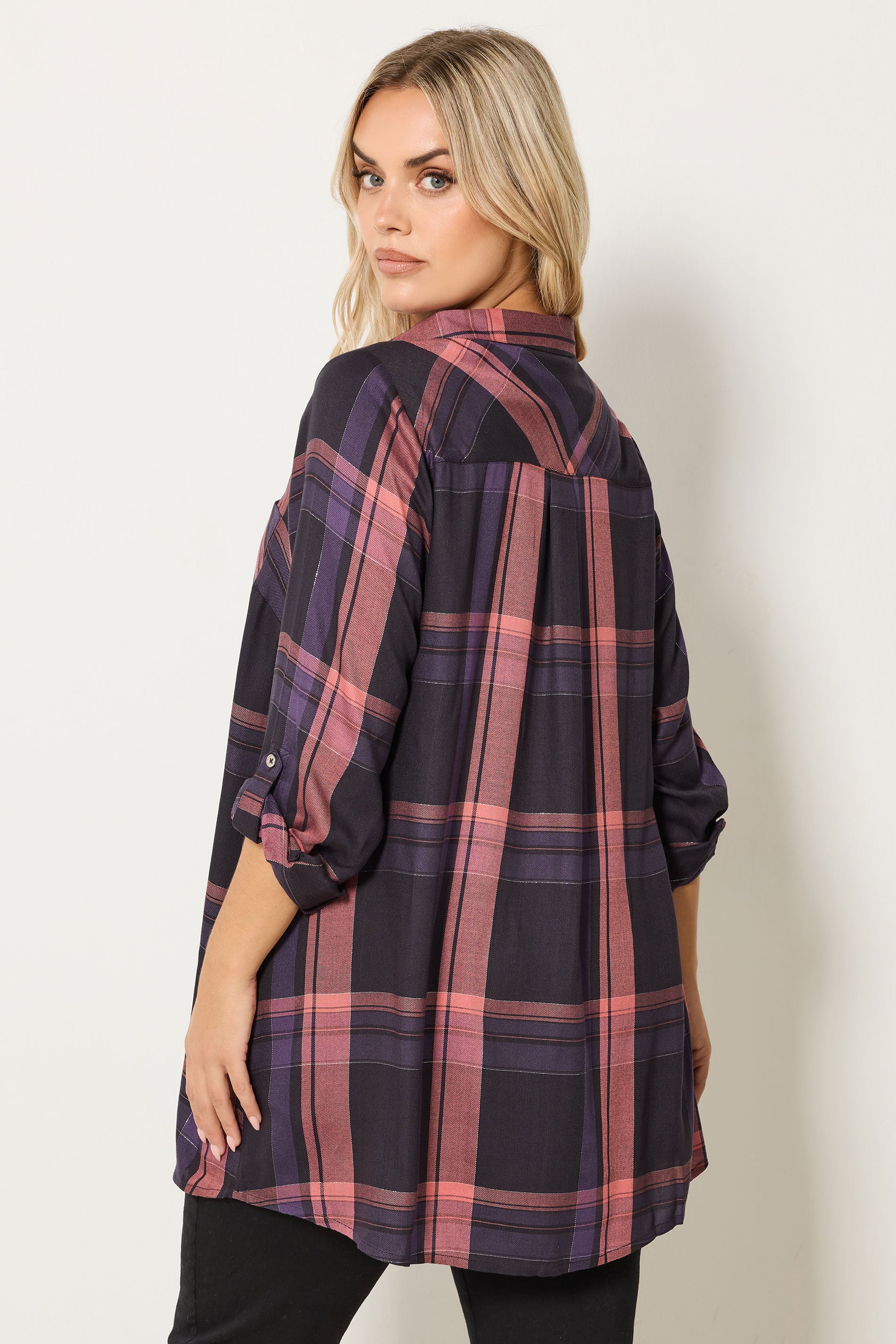 YOURS Plus Size Navy Blue & Pink Check Overhead Shirt | Yours Clothing 2