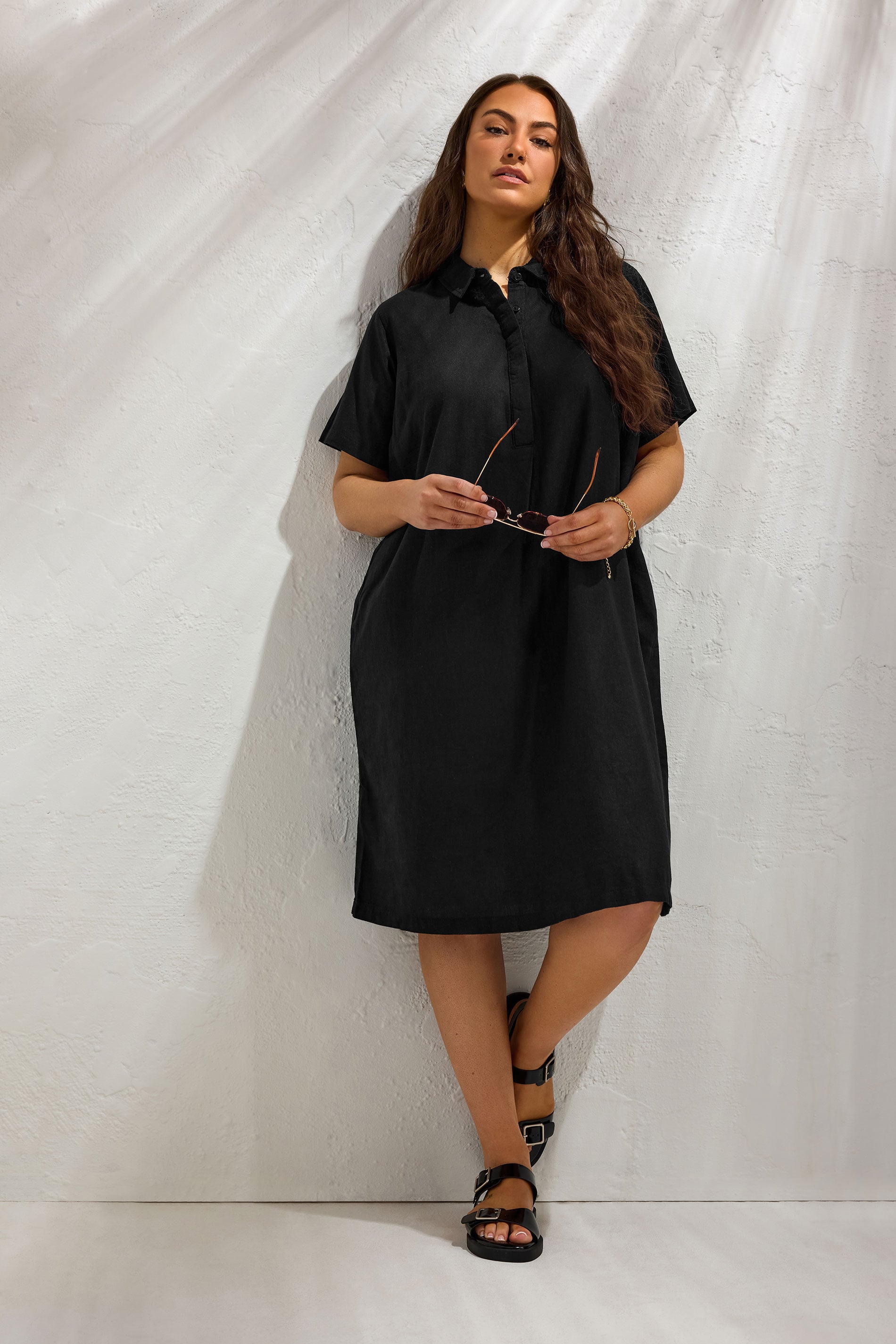 EVANS Plus Size Black Premium Linen Shirt Dress | Evans