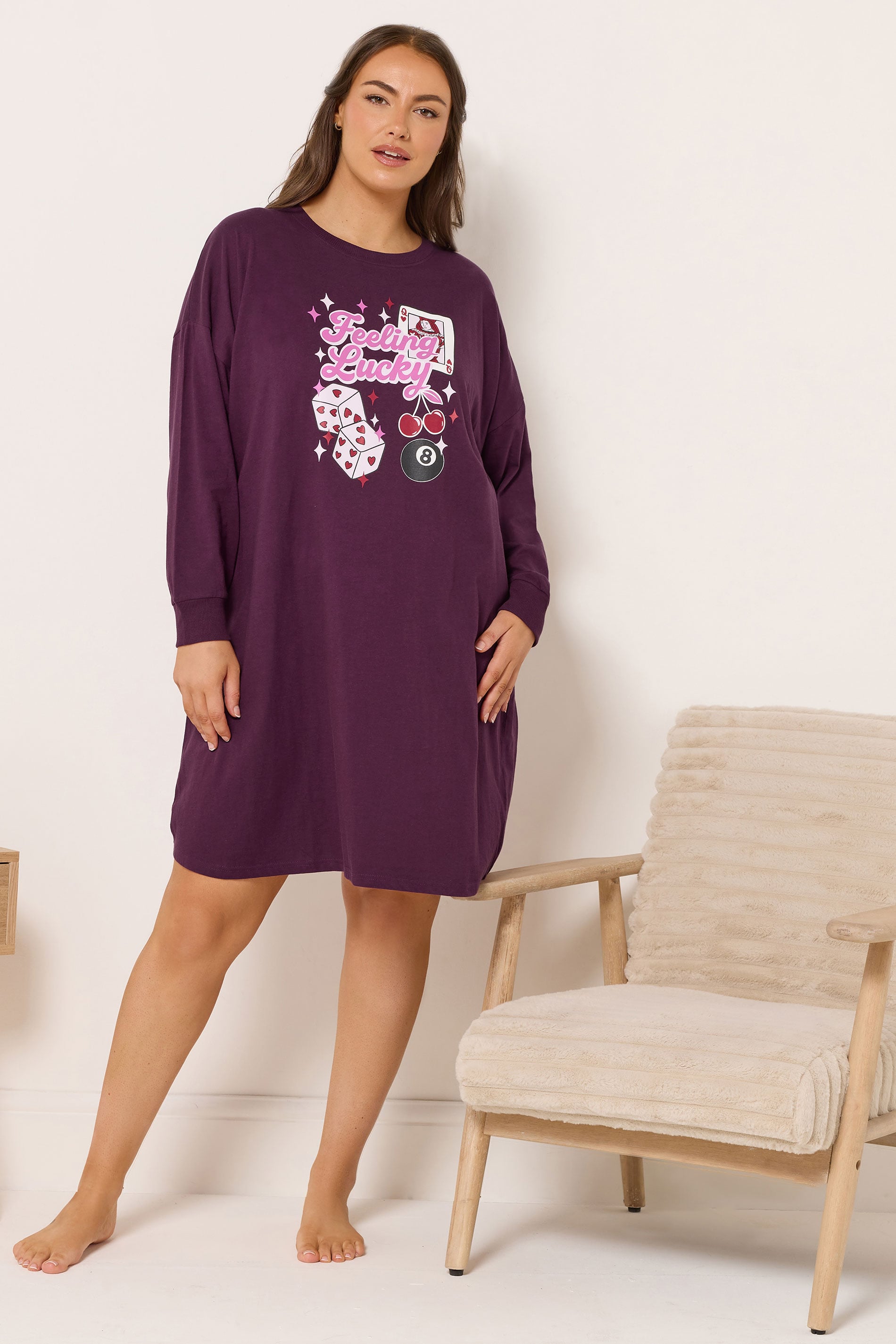 YOURS Plus Size Burgundy Red 'Feeling lucky' Long Sleeve Nightdress | Yours Clothing 2