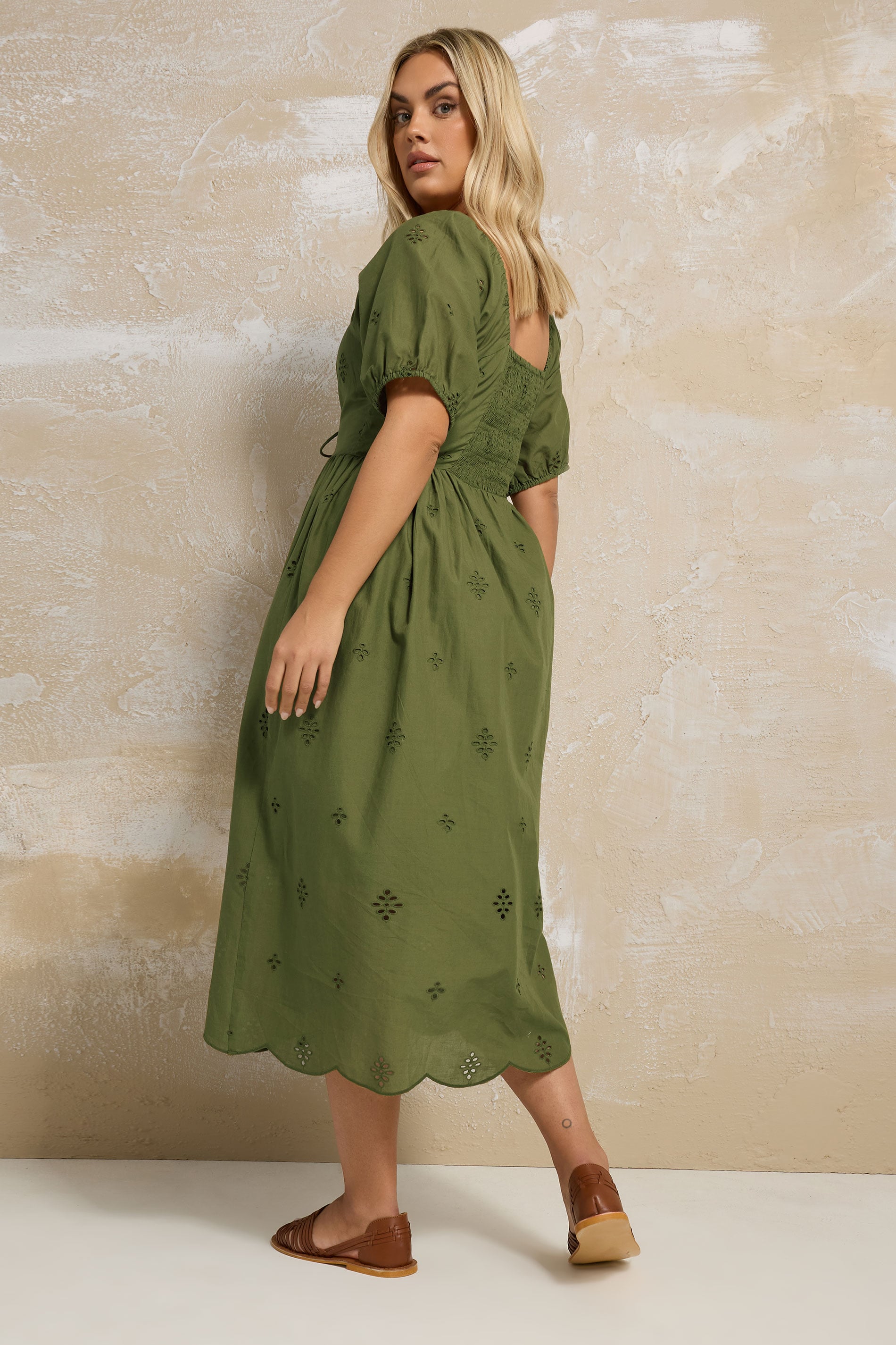 YOURS Plus Size Khaki Green Broderie Anglaise Dress | Yours Clothing 2