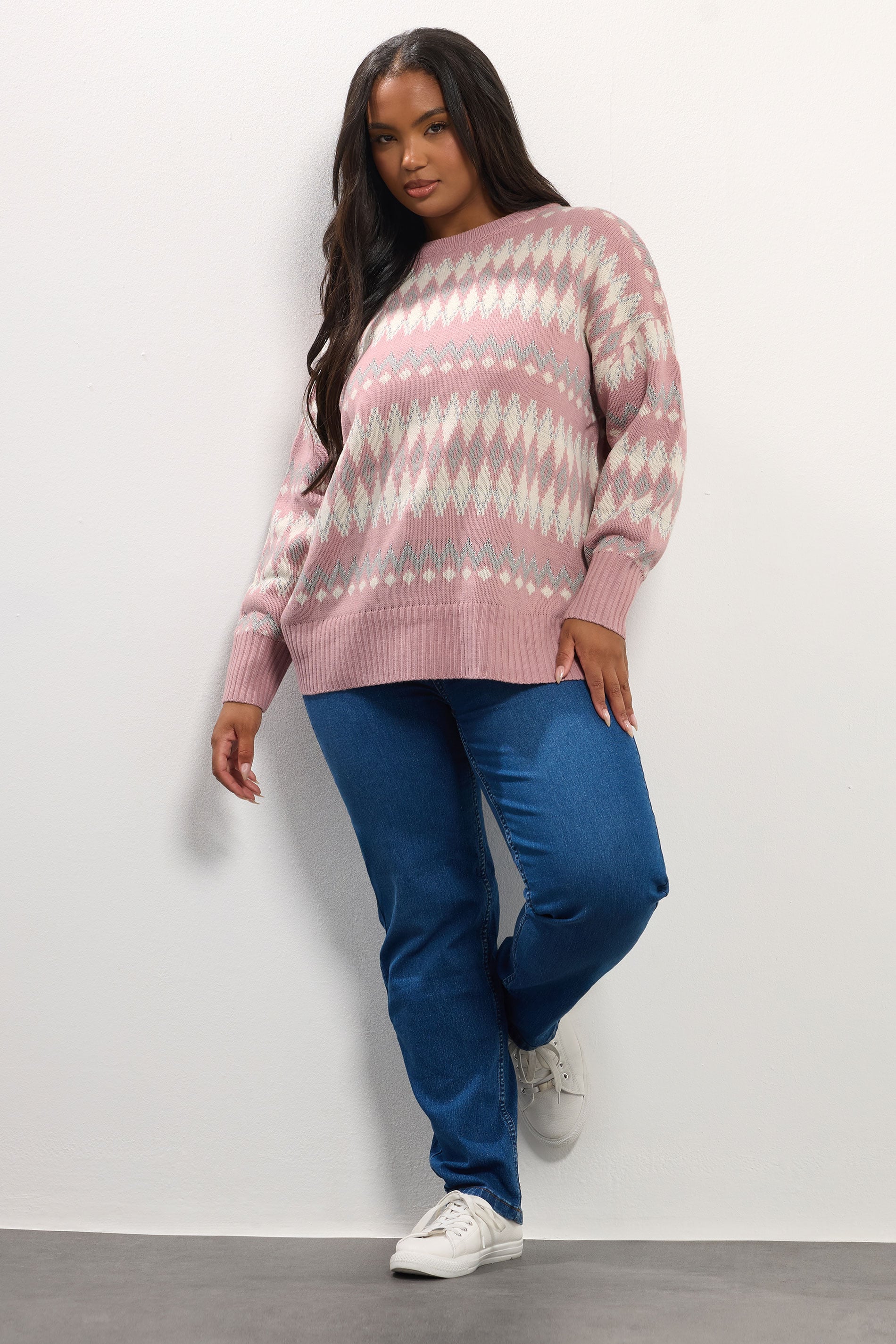YOURS Plus Size Pink Fairisle Metallic Jumper | Yours Clothing 1
