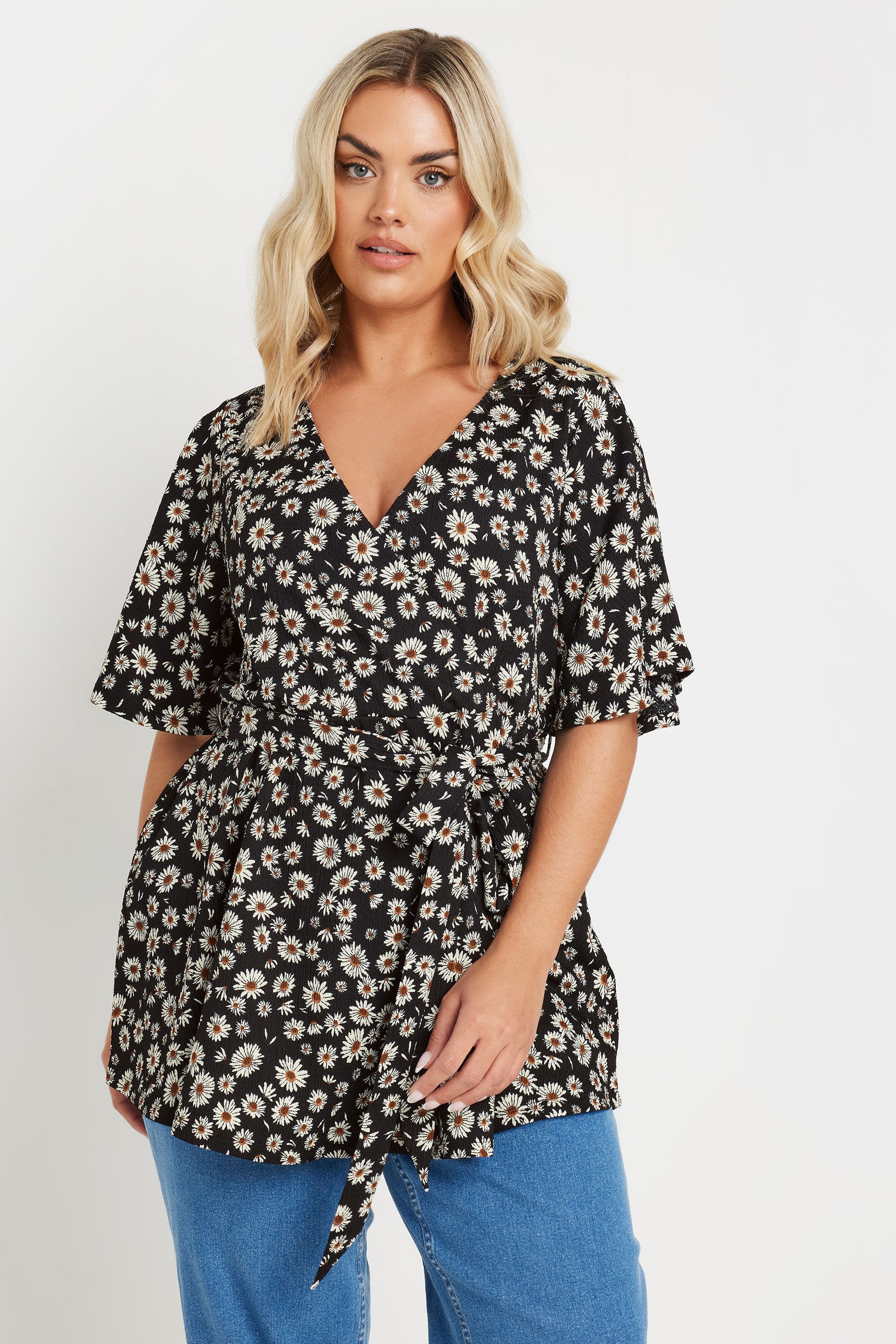 YOURS Plus Size Black Daisy Print Textured Wrap Top | Yours Clothing 1
