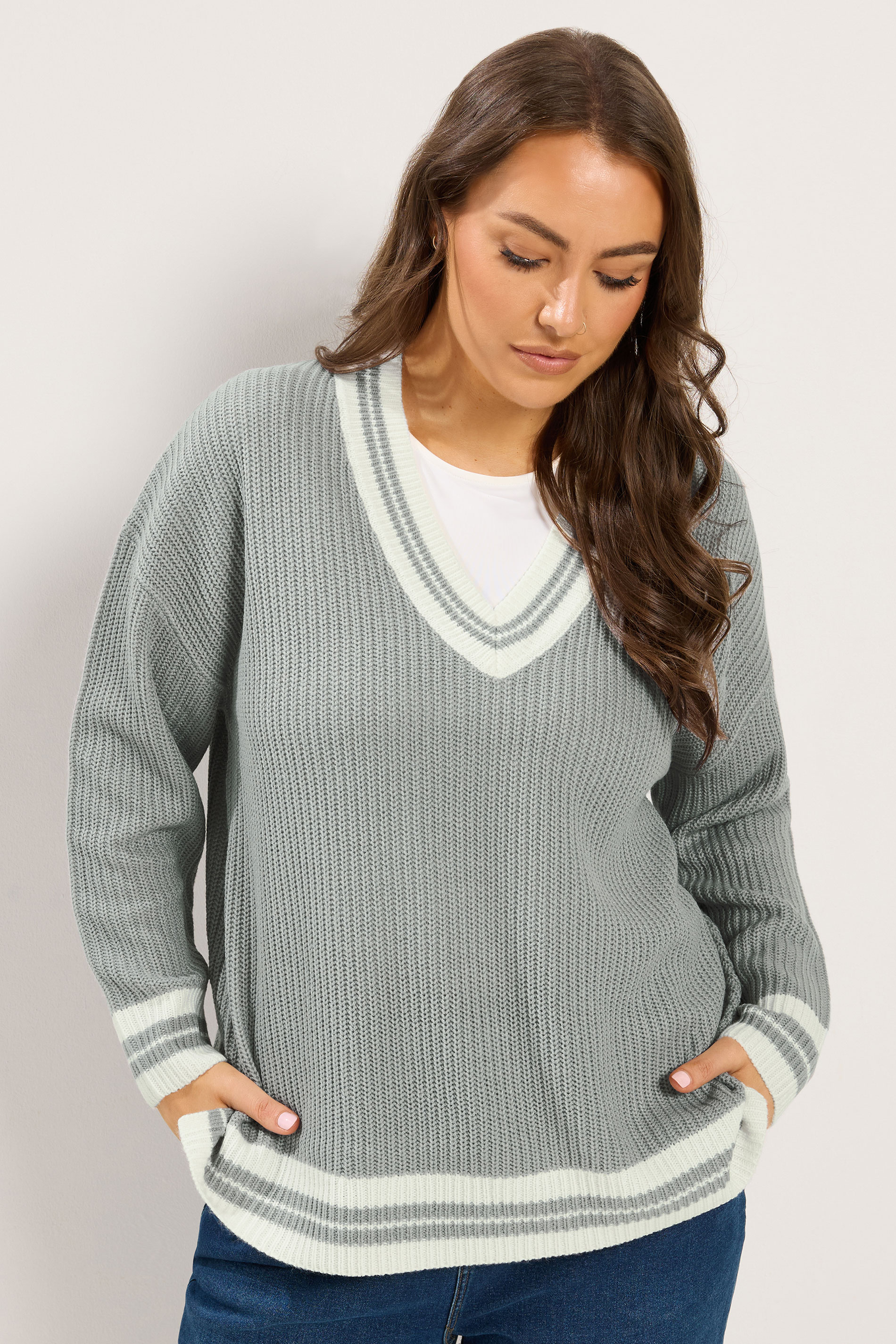 YOURS Plus Size Grey & White Knitted Tennis Jumper | Yours Clothing 1