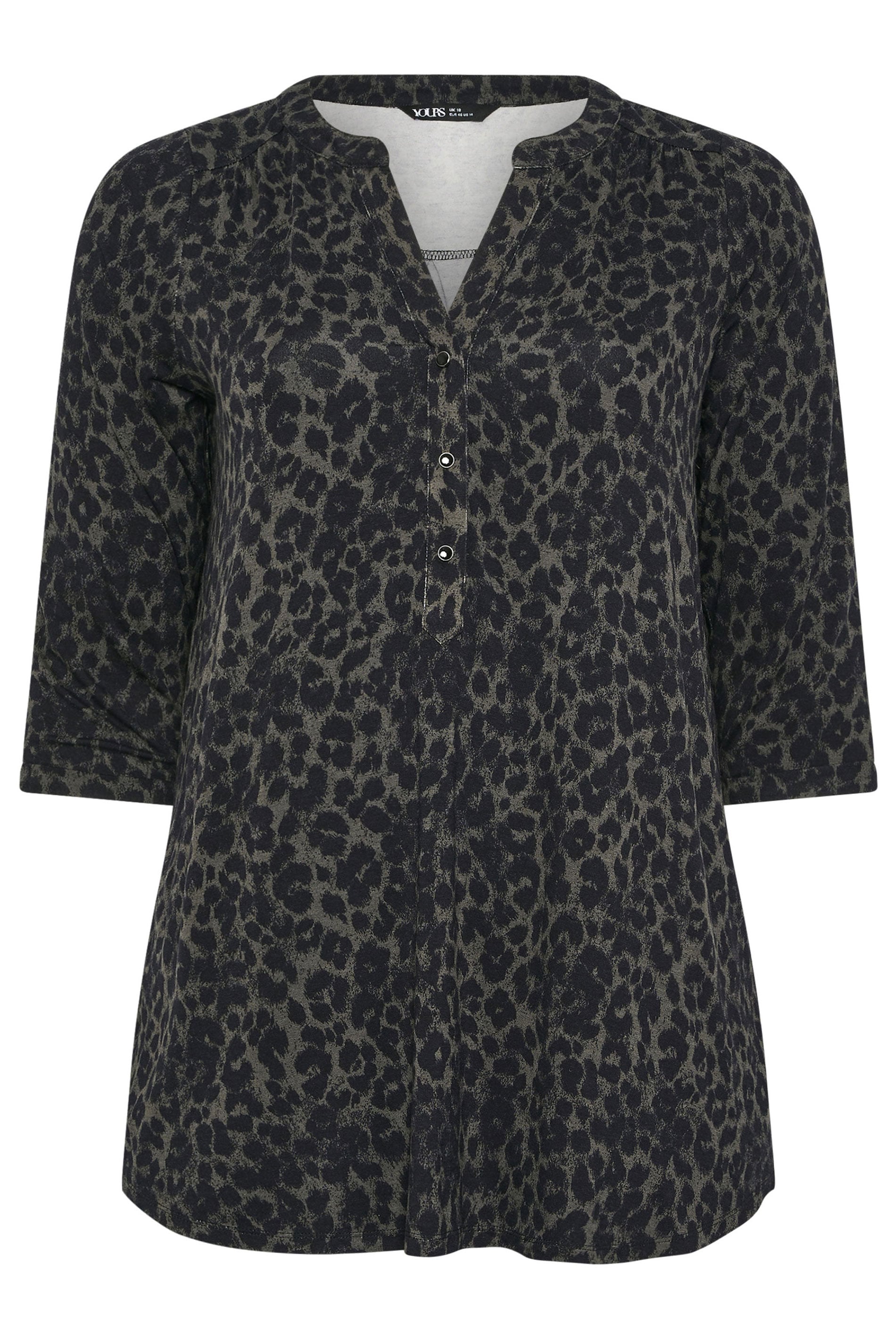YOURS Plus Size Dark Green Leopard Print Placket Top | Yours Clothing 5