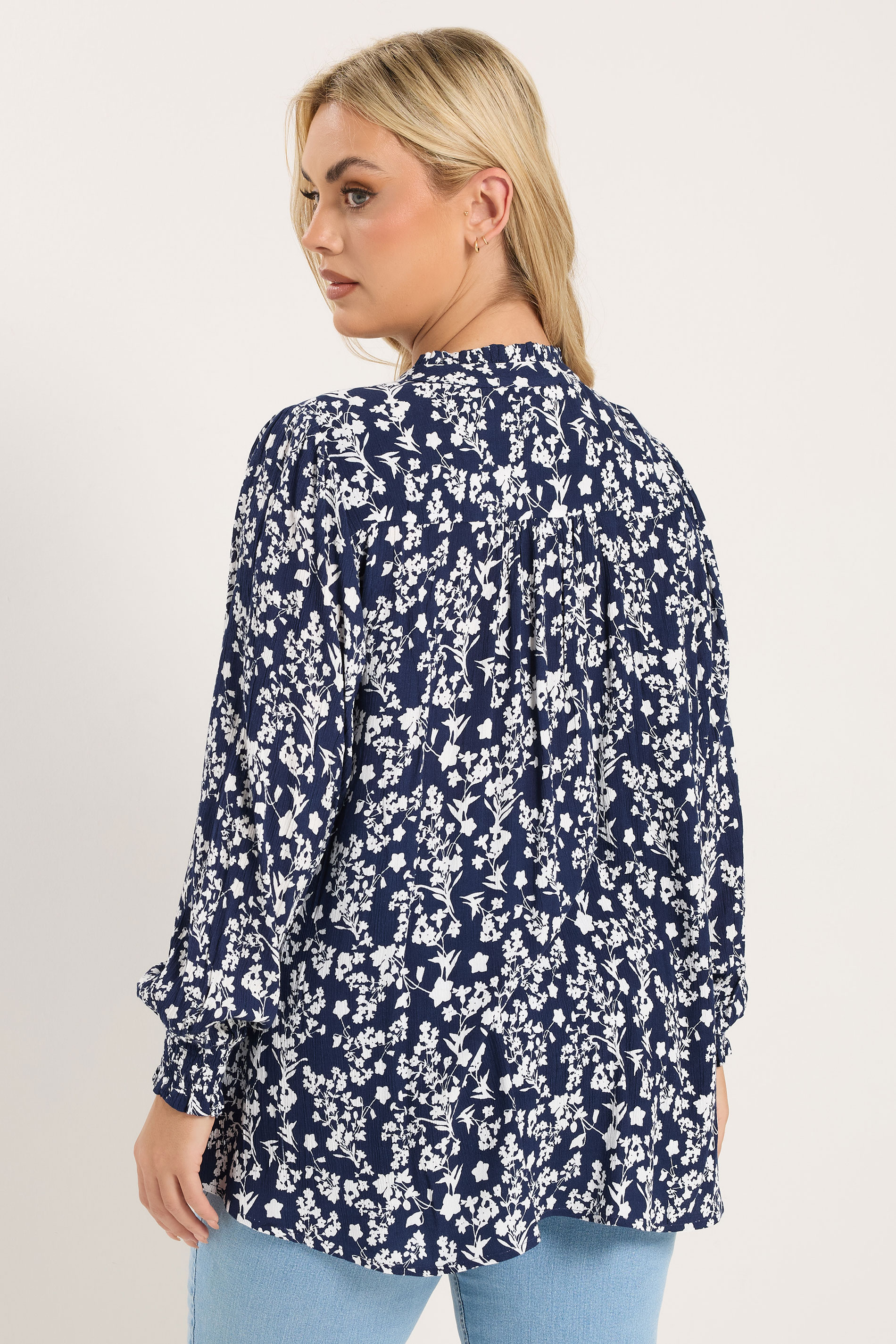 Yours Plus Size Blue Floral Sequin Embellished Tie Neck Blouse 5