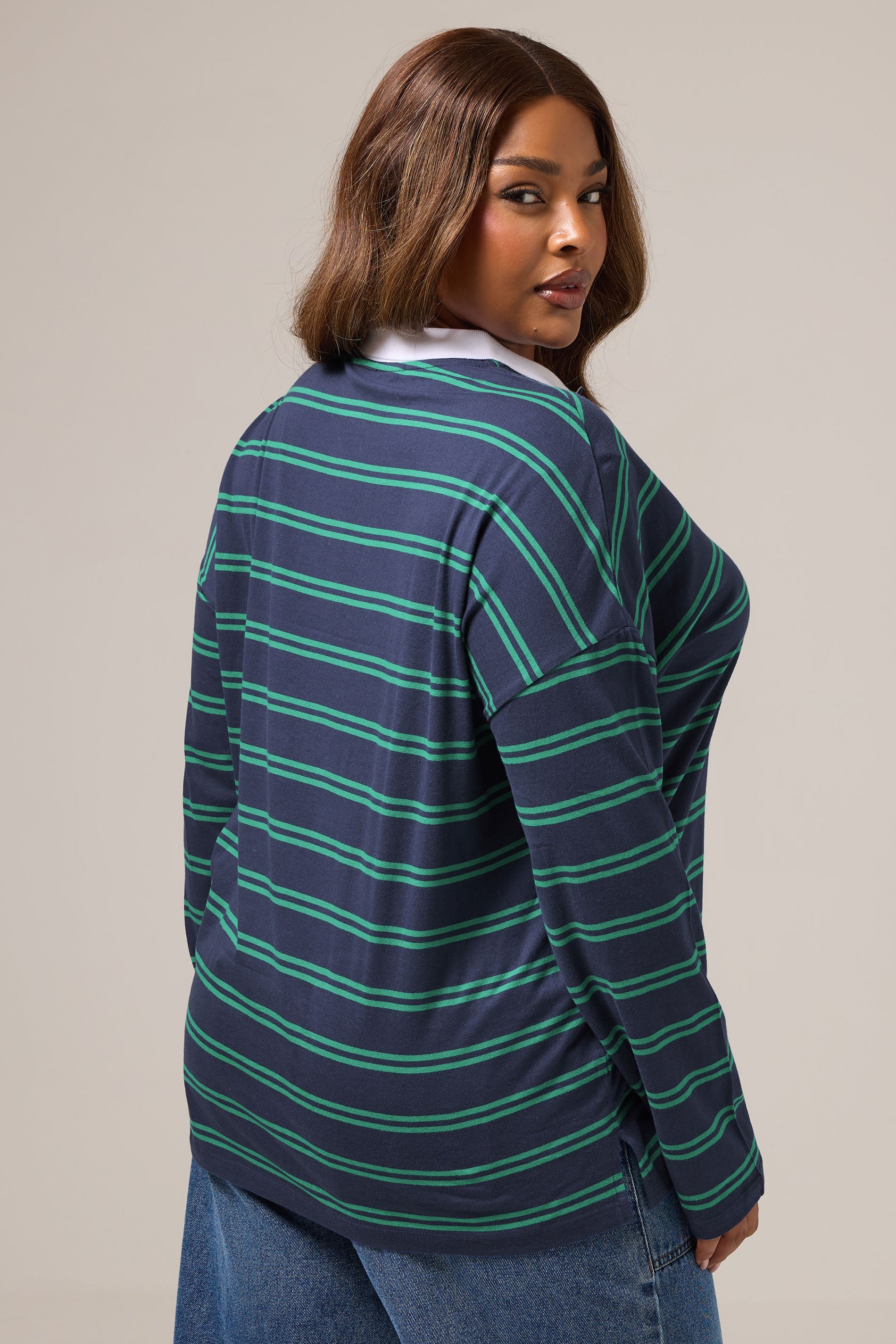 YOURS Plus Size Navy Blue Stripe Rugby Collar Top | Yours Clothing 2