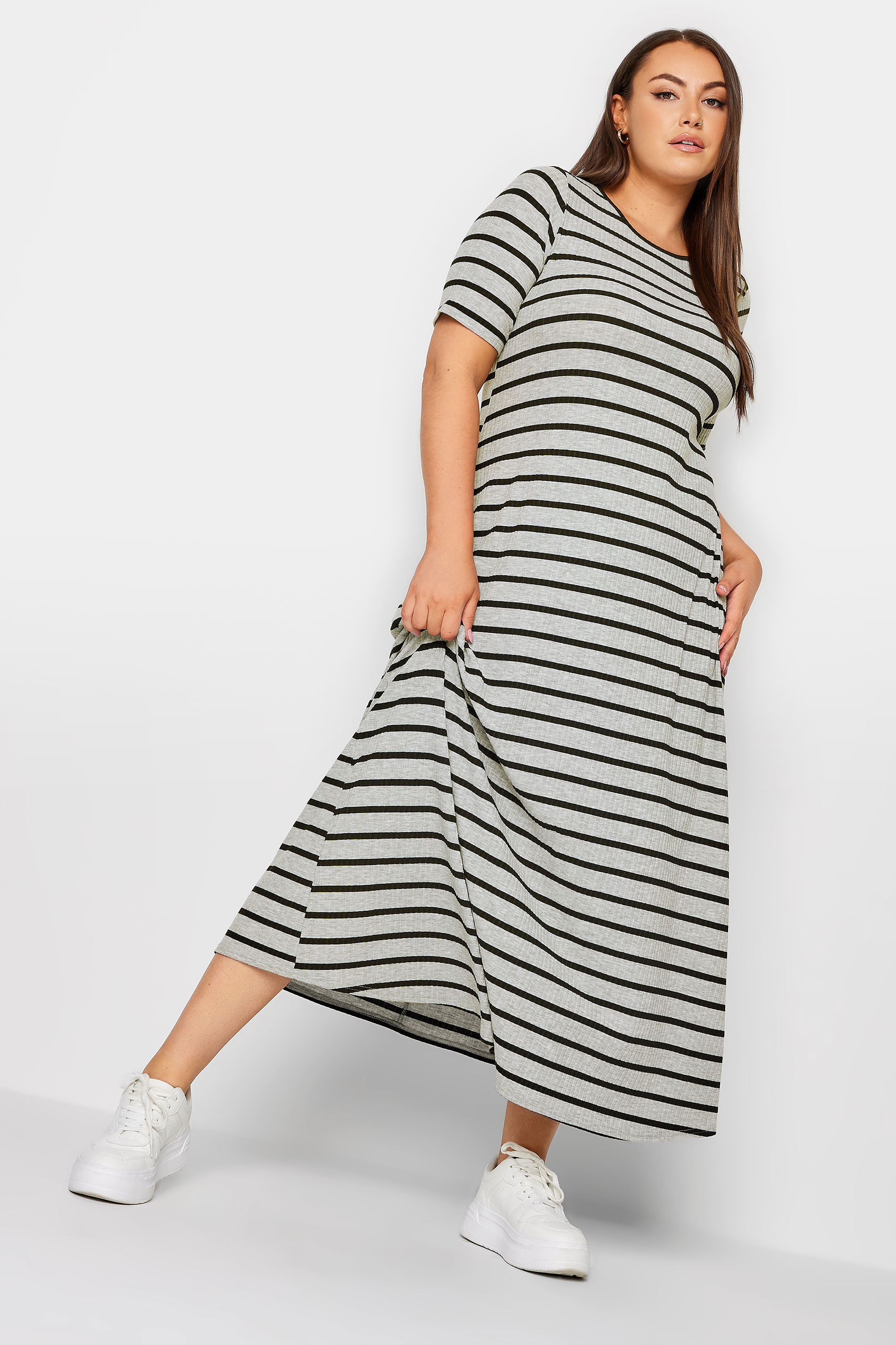 YOURS Curve Plus Size Grey Ribbed Stripe Swing Maxi Dress | Yours Clothing  2