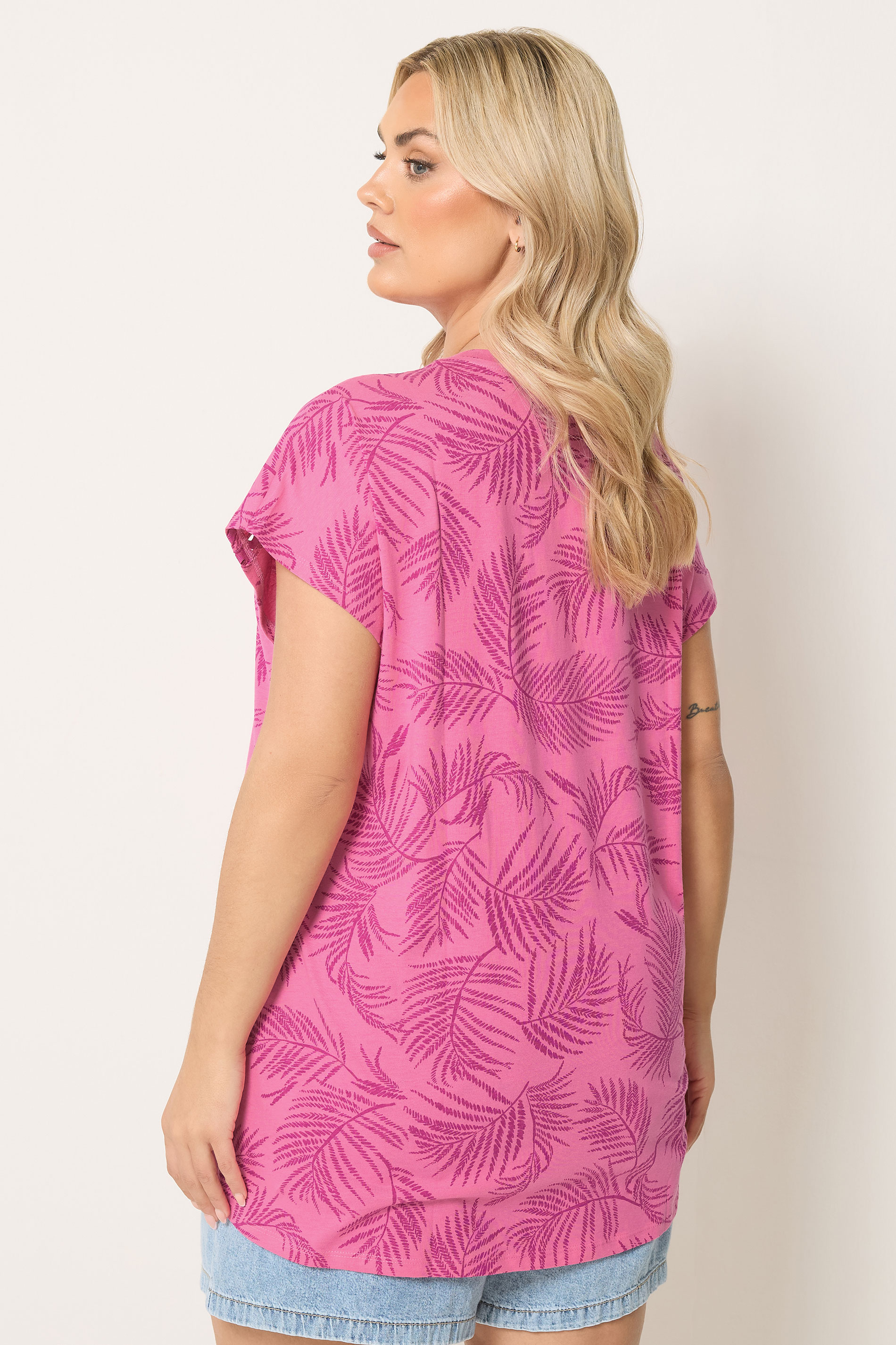 YOURS Plus Size Pink Palm Tree Trim Detail T-Shirt | Yours Clothing 2