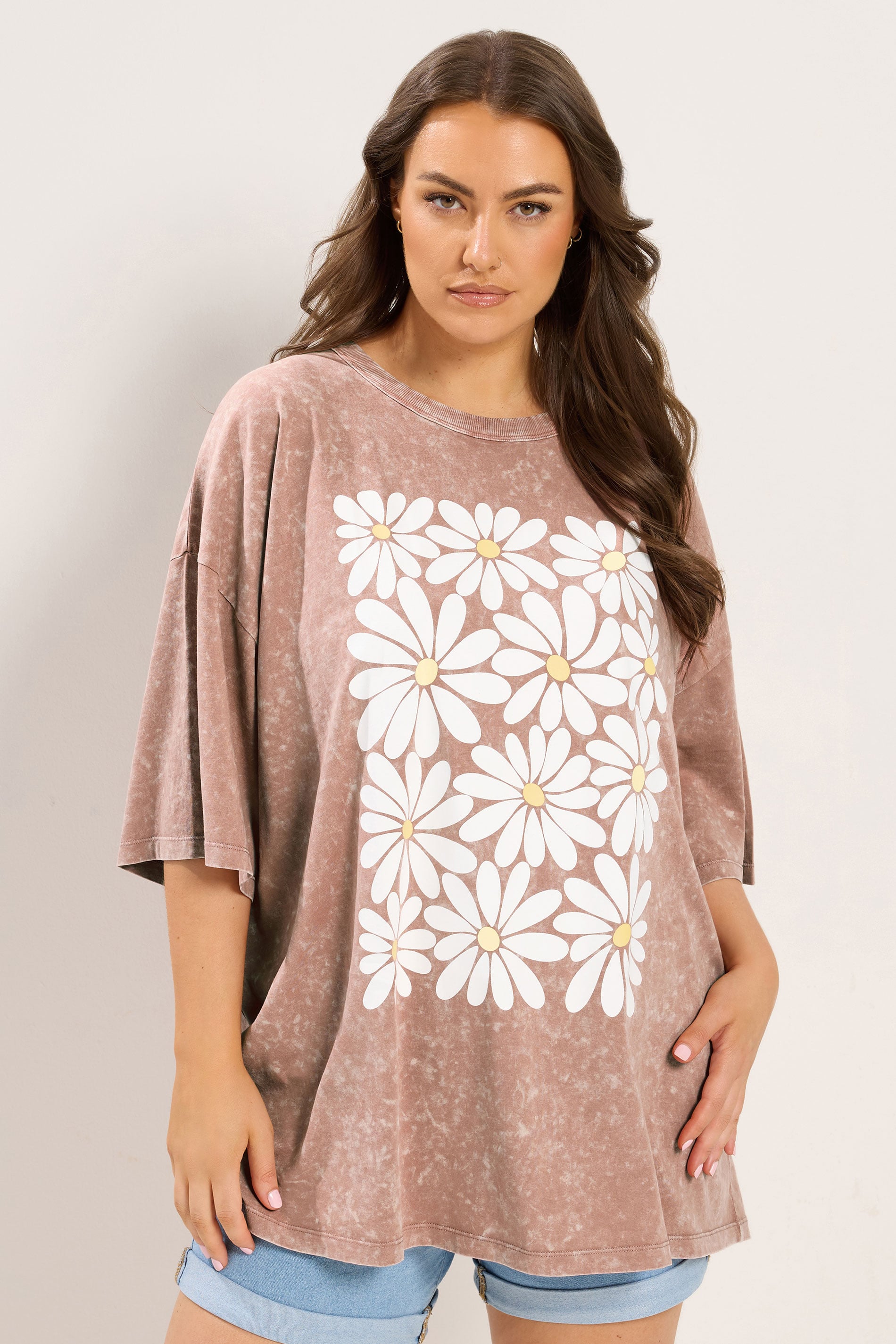 YOURS Plus Size Pink Acid Wash Boxy Daisy Print T-Shirt | Yours Clothing 3