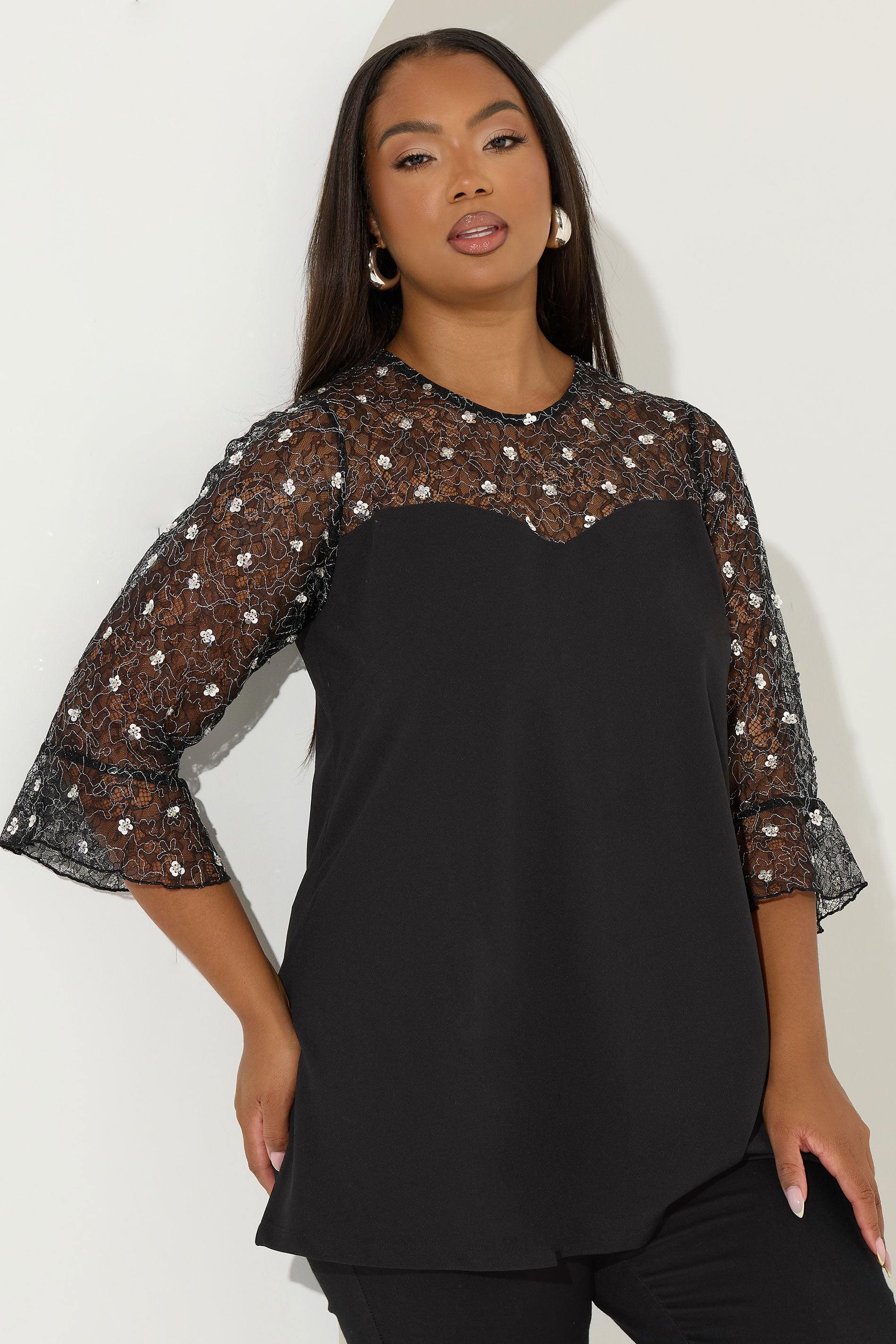 YOURS Plus Size Black Floral Embellished Lace Sweetheart Top | Yours Clothing 3
