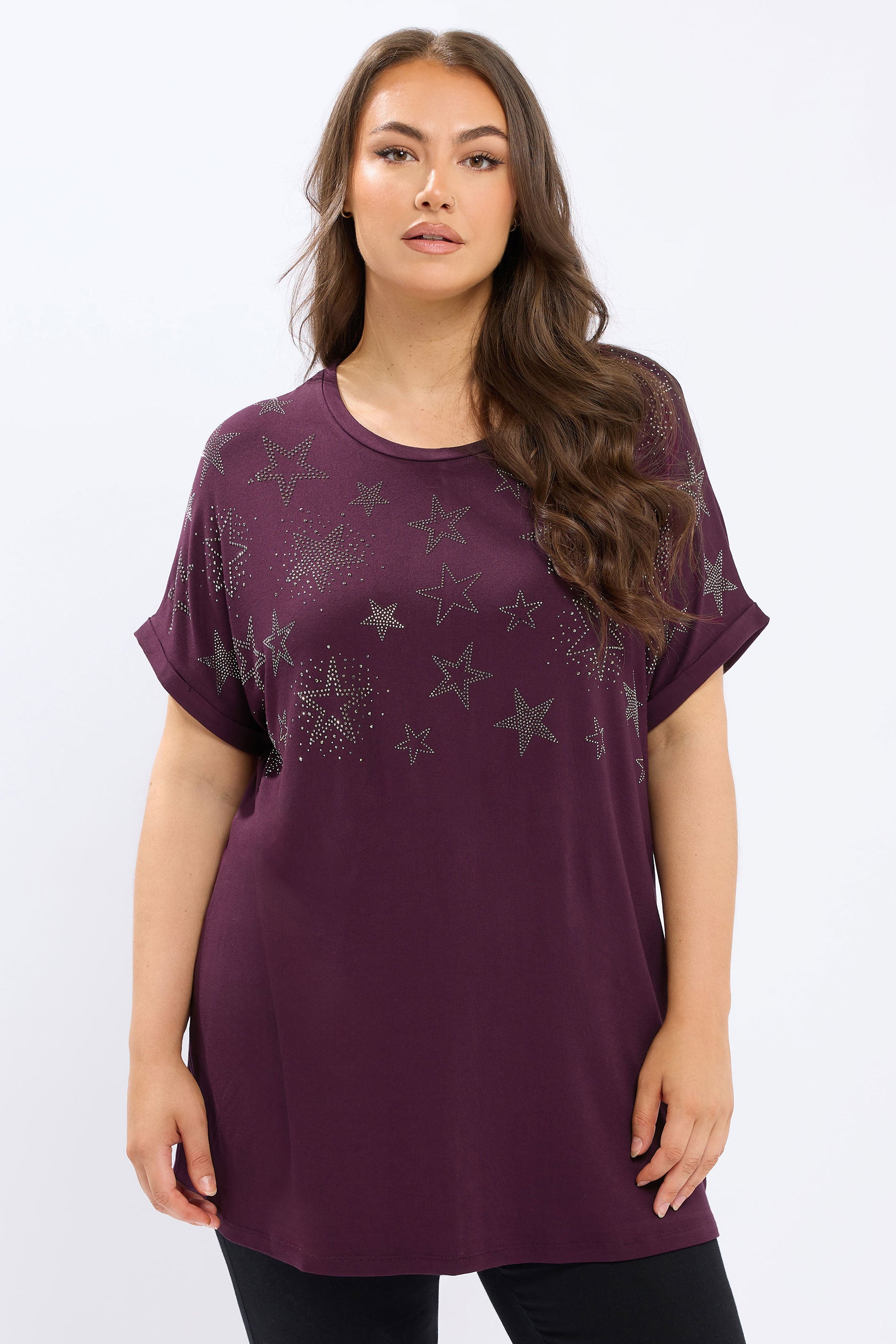 YOURS Curve Purple Star Stud Embellished T-Shirt | Yours Clothing 3
