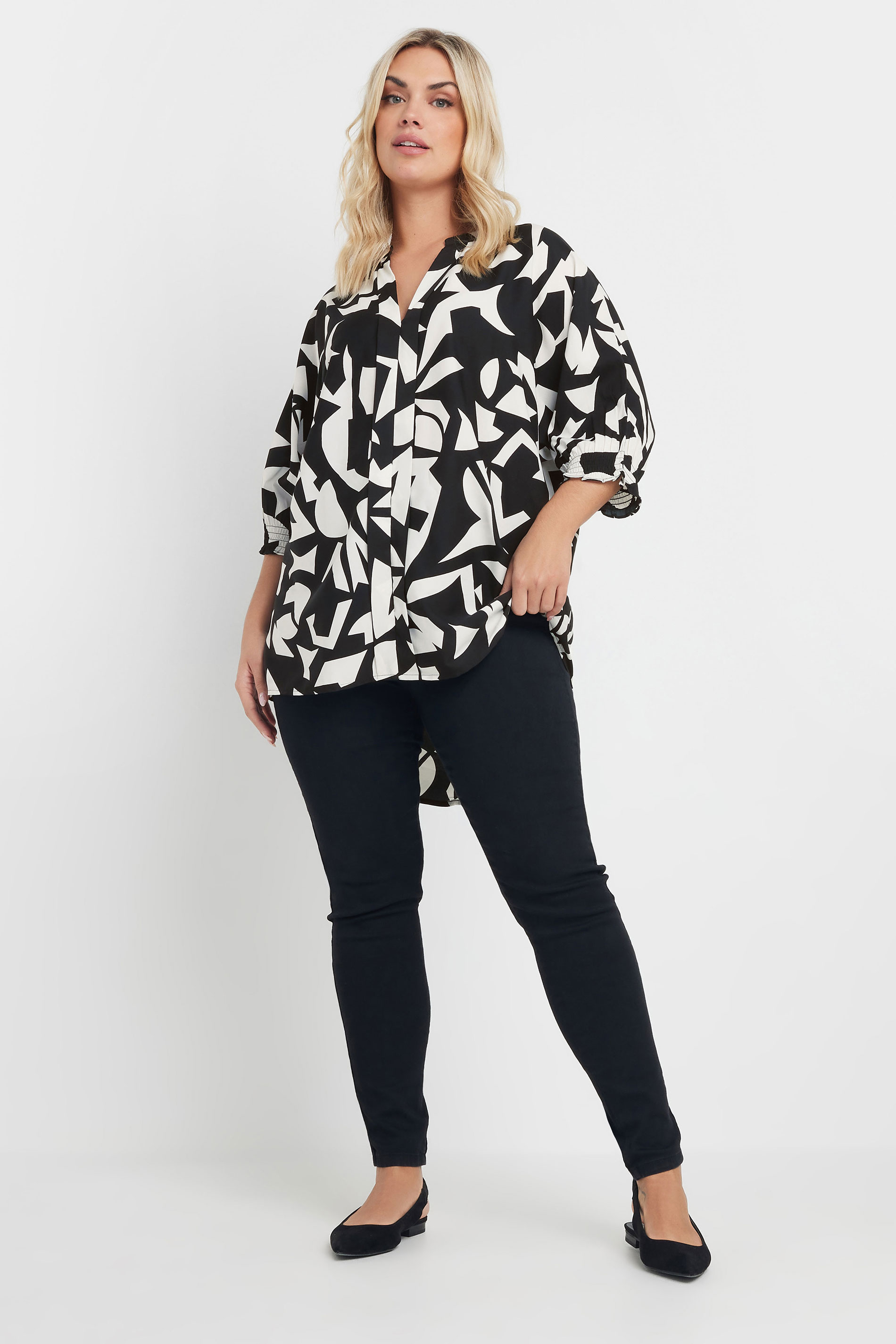 YOURS Plus Size Black & White Abstract V-Neck Shirt | Yours Clothing 1