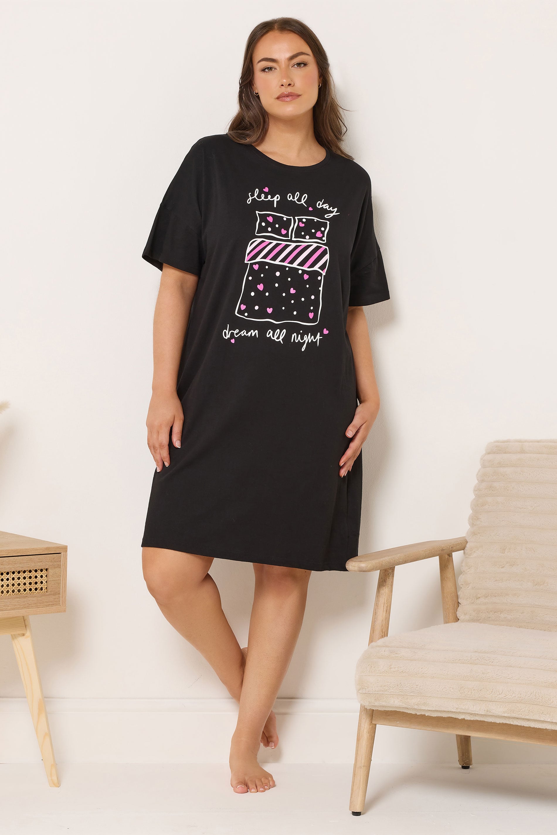 YOURS Plus Size Black 'Sleep All Day' Sleep Tee Nightdress | Yours Clothing 1