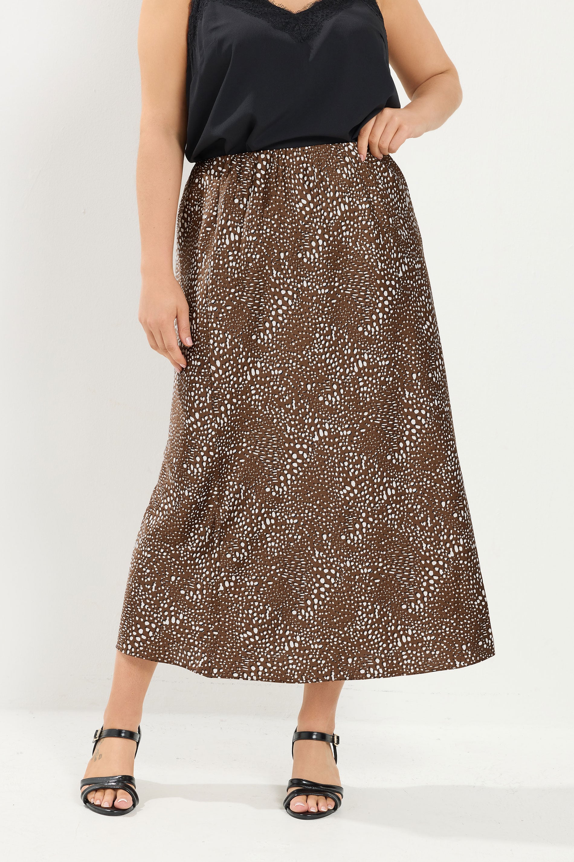 YOURS Plus Size Chocolate Brown Deer Print Satin Skirt | Yours Clothing 3
