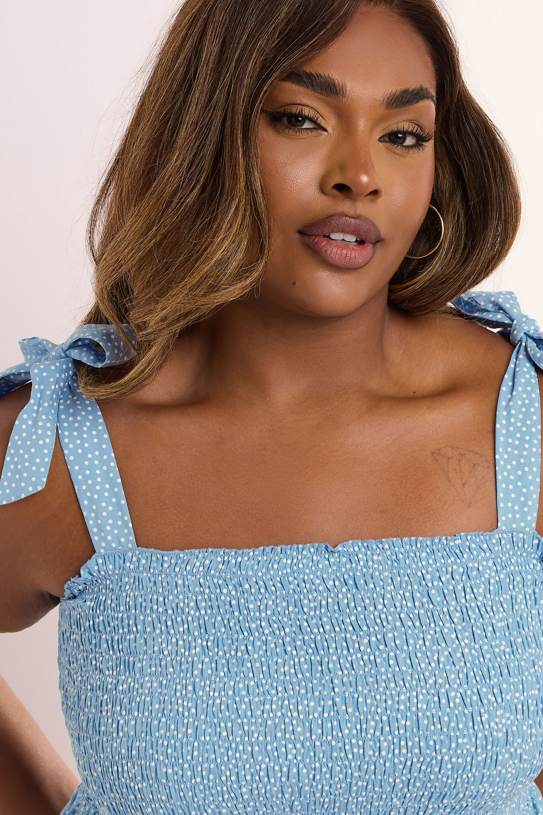 YOURS Plus Size Blue Spot Shirred Tie Sleeve Cami Top | Yours Clothing 5
