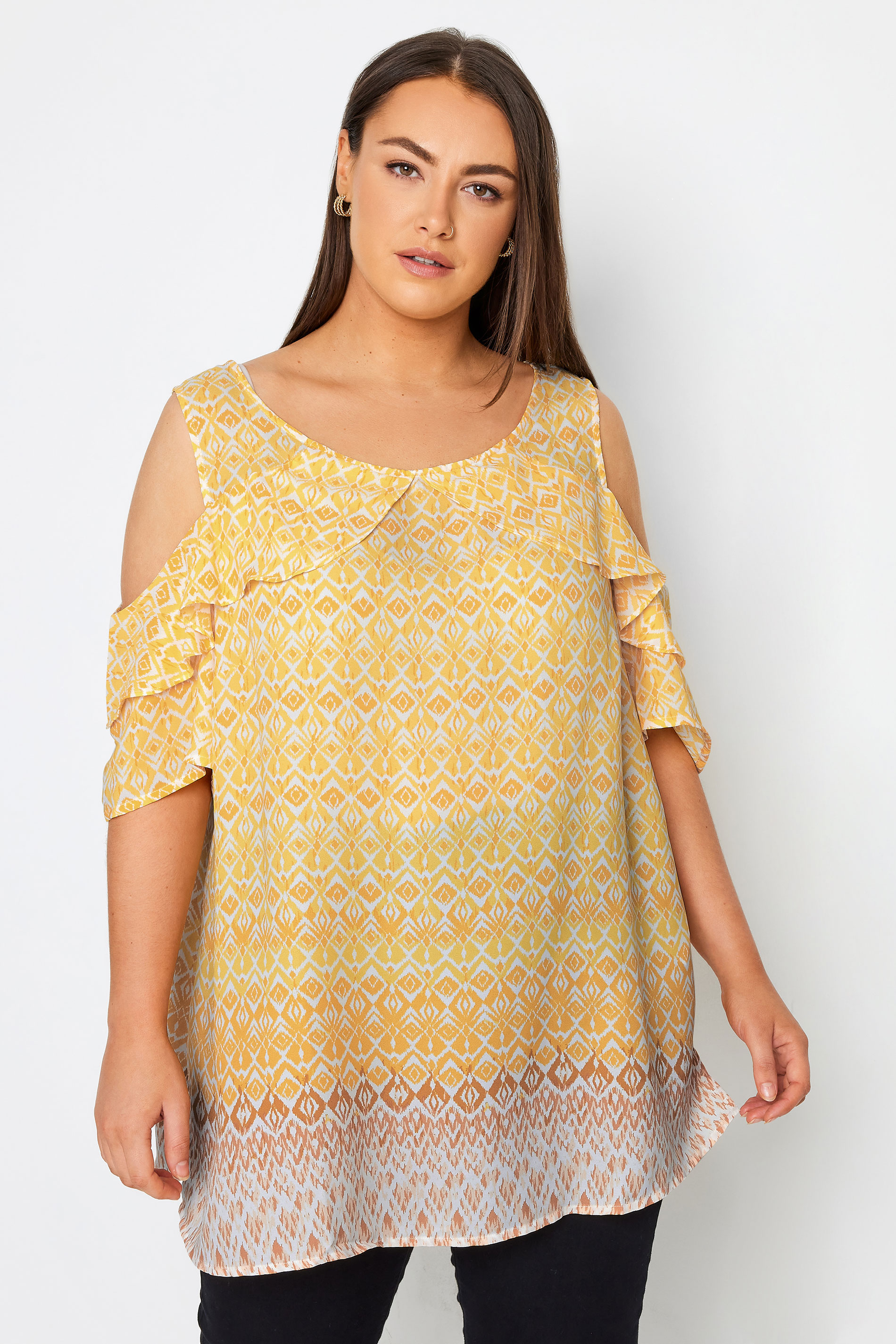 City Chic Yellow Aztec Print Frill Cold Shoulder Top 1