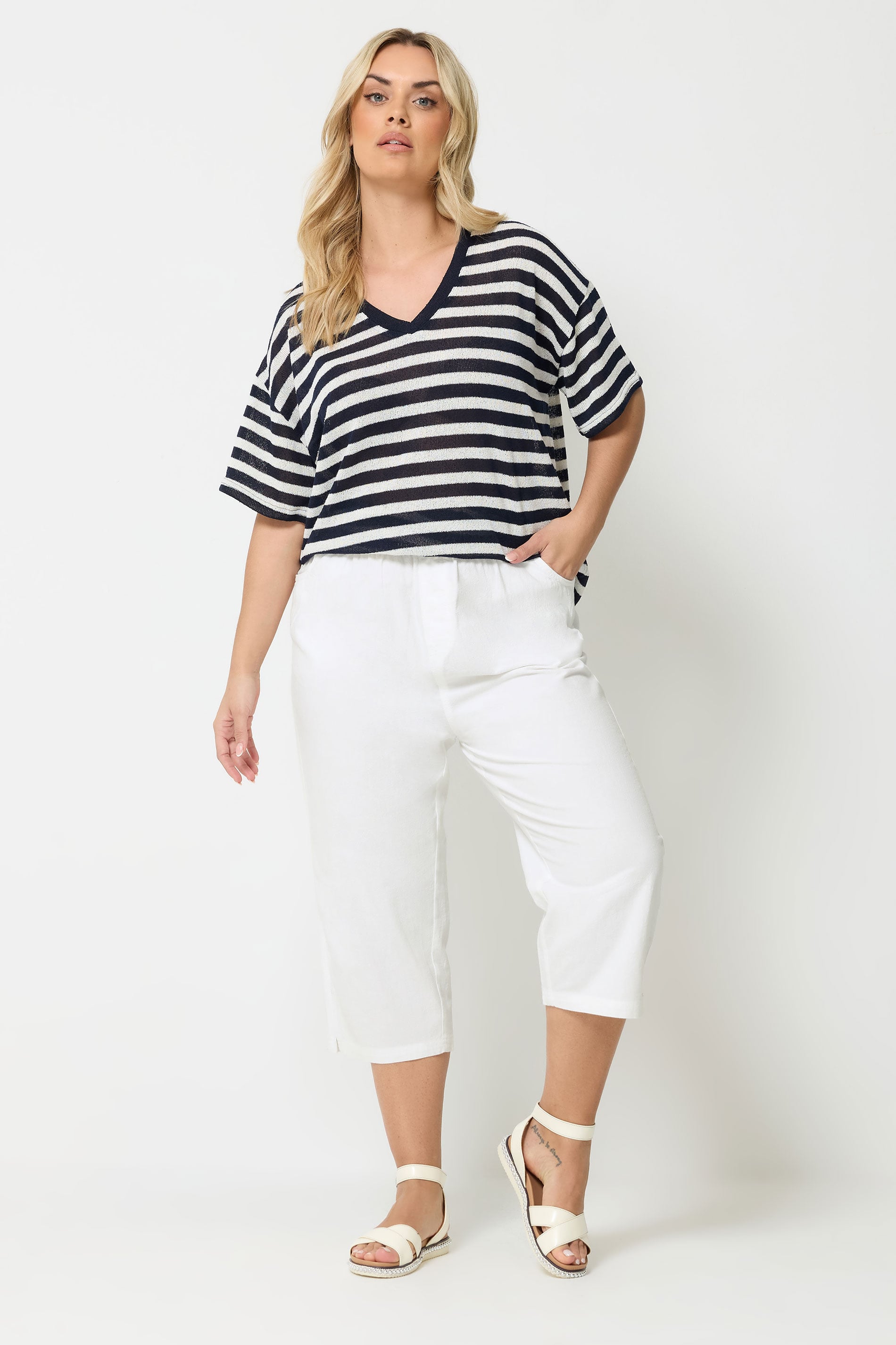 YOURS Plus Size White Cool Cotton Cropped Trousers | Yours Clothing 1