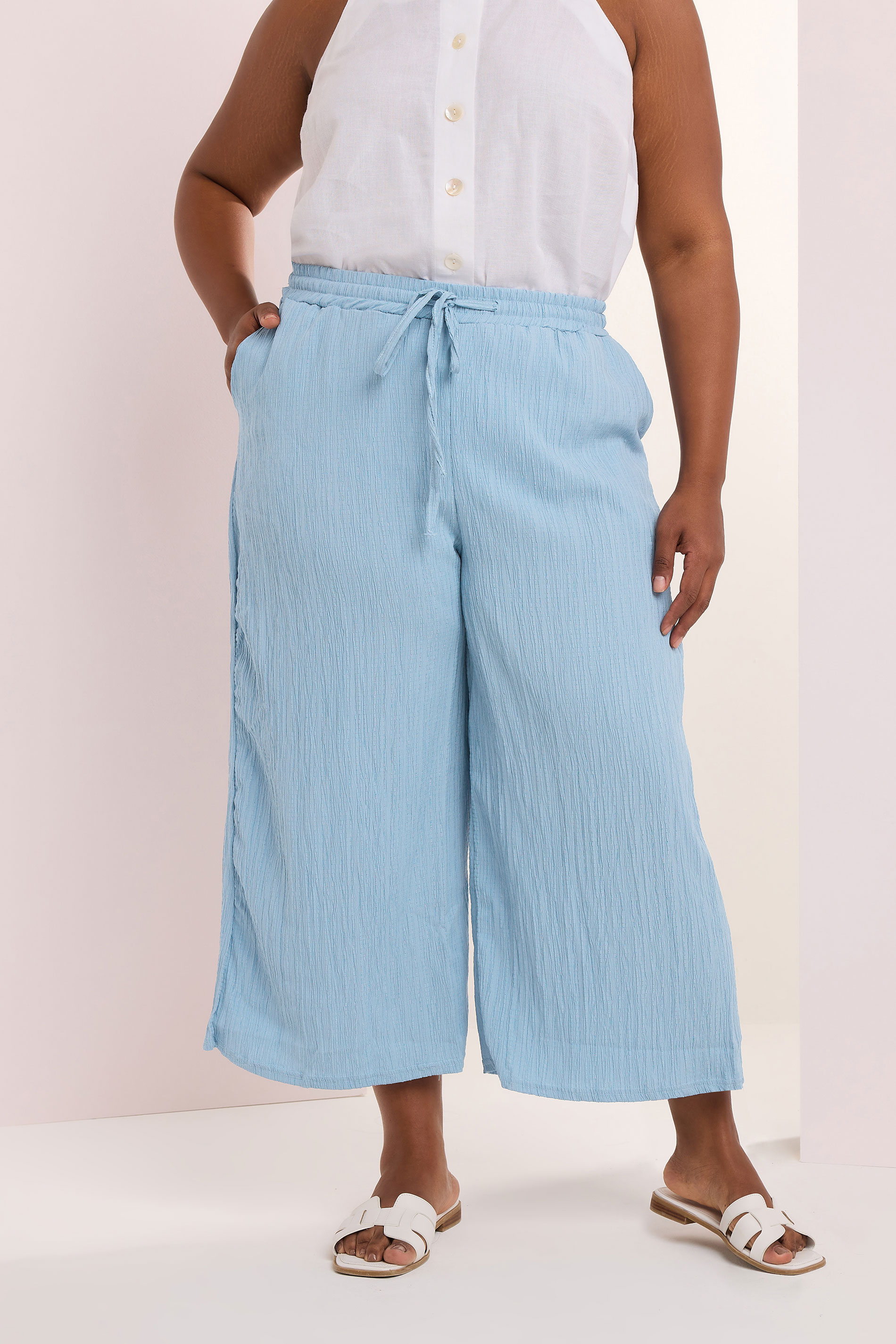 YOURS Plus Size Light Blue Crinkle Midaxi Culottes | Yours Clothing 3