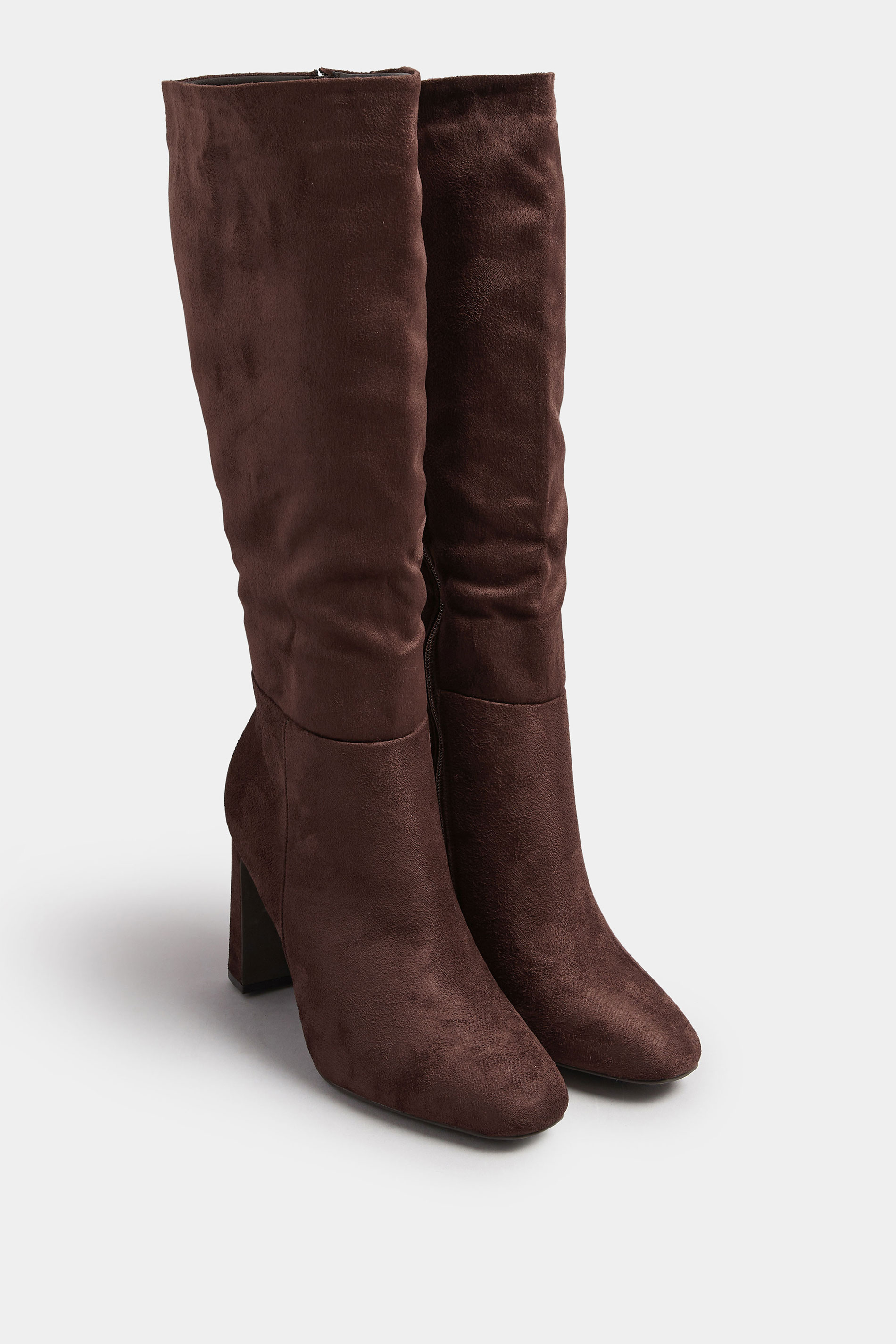 Brown Faux Suede Heeled Knee High Boots In Standard Fit | Yours Clothing 1
