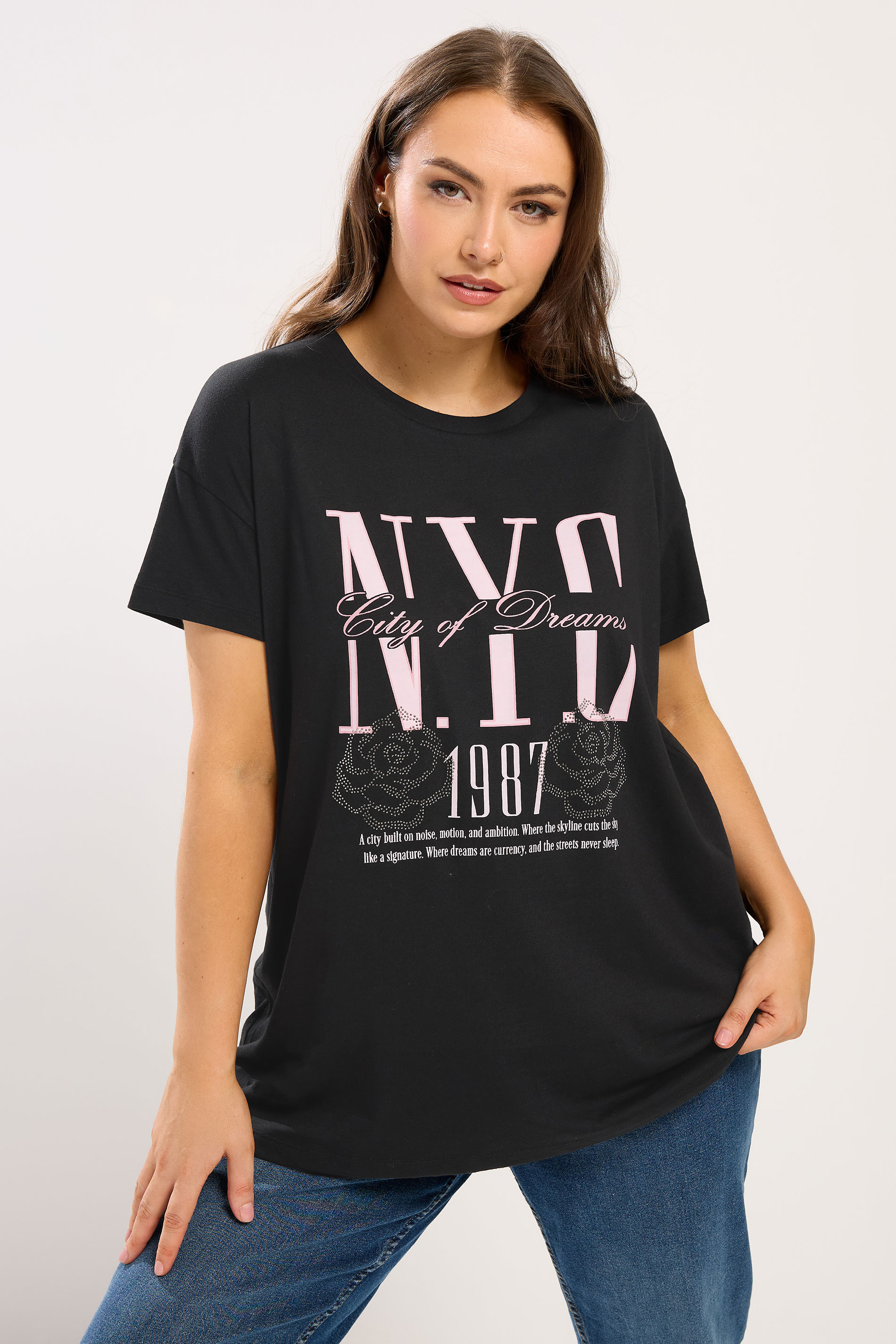 YOURS Plus Size Black 'NYC' Rose Embellished Graphic T-Shirt | Yours Clothing 3