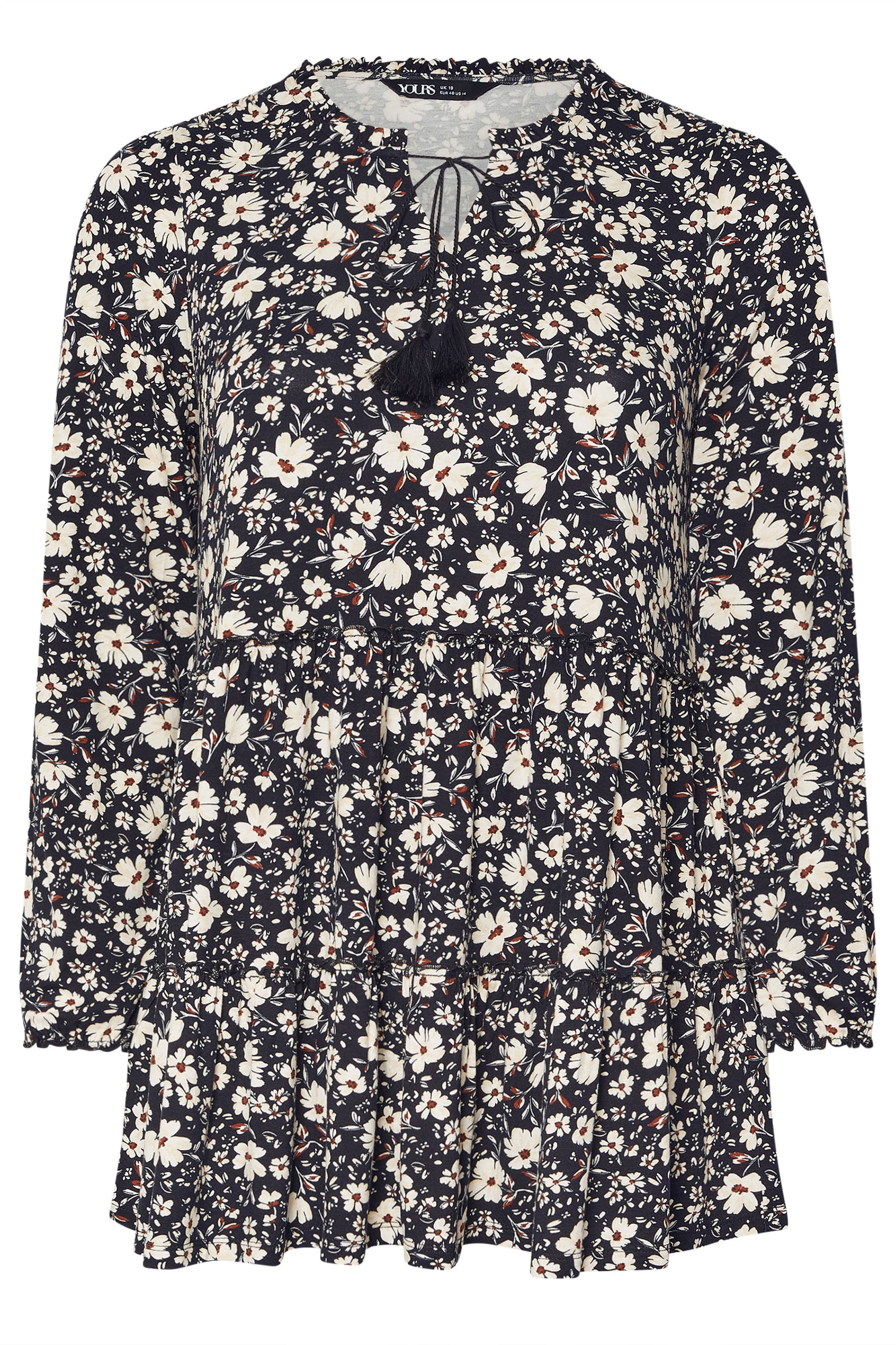 YOURS Plus Size Black Floral Tie Neck Tiered Blouse | Yours Clothing 5