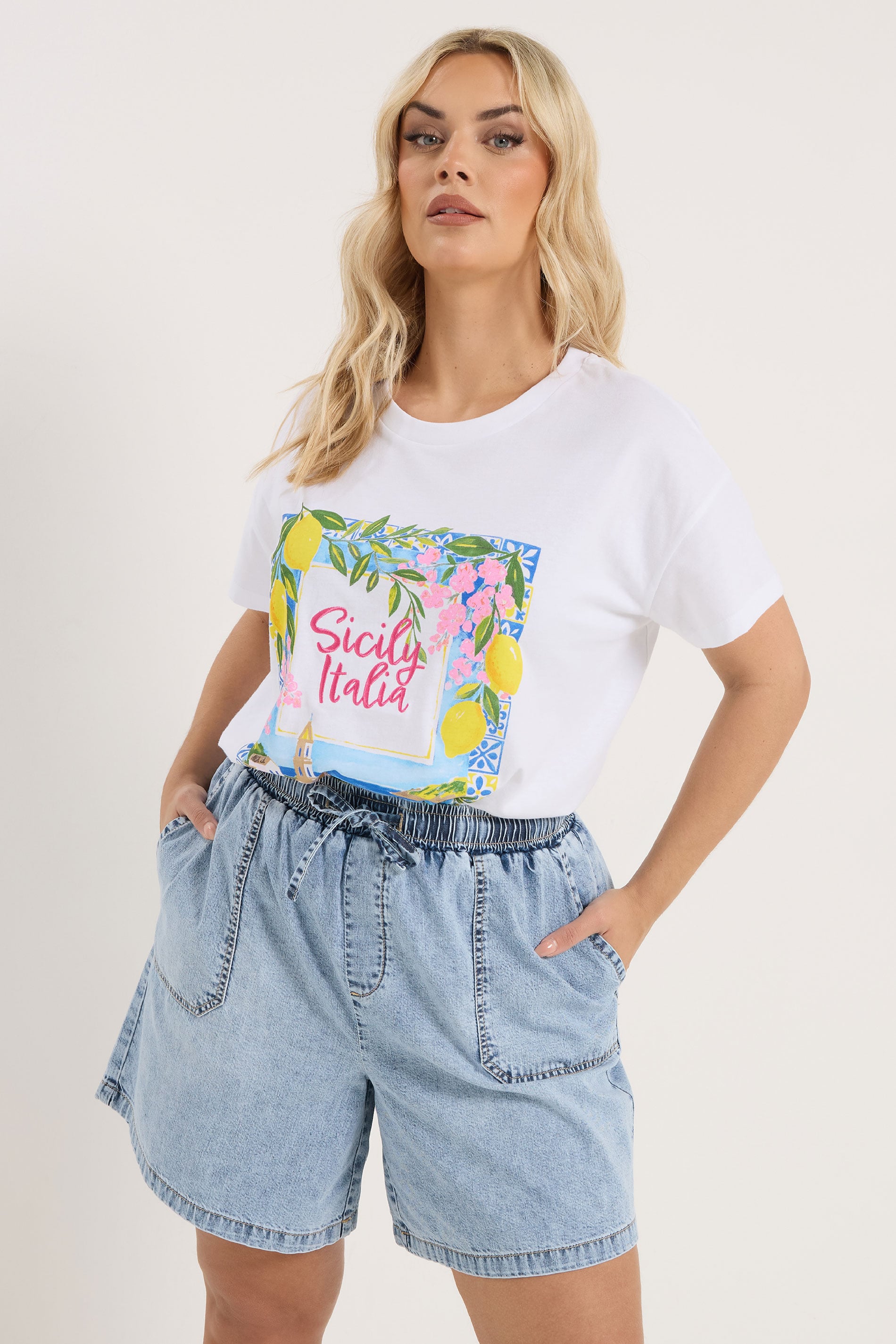 YOURS Plus Size Bleach Blue Denim Drawstring Shorts | Yours Clothing 3