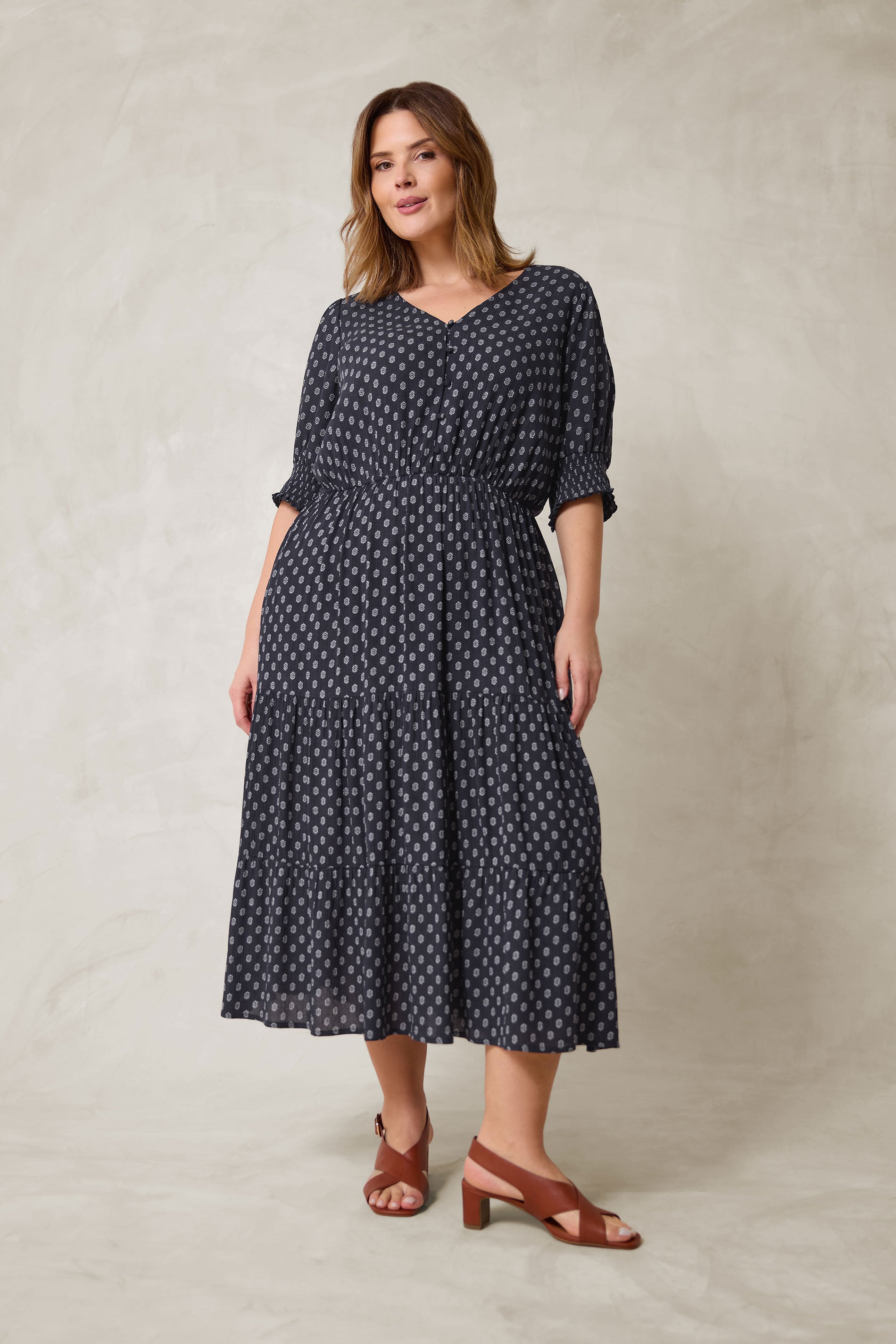 EVANS Plus Size Navy Blue Dobby Tiered Maxi Dress | Evans 1