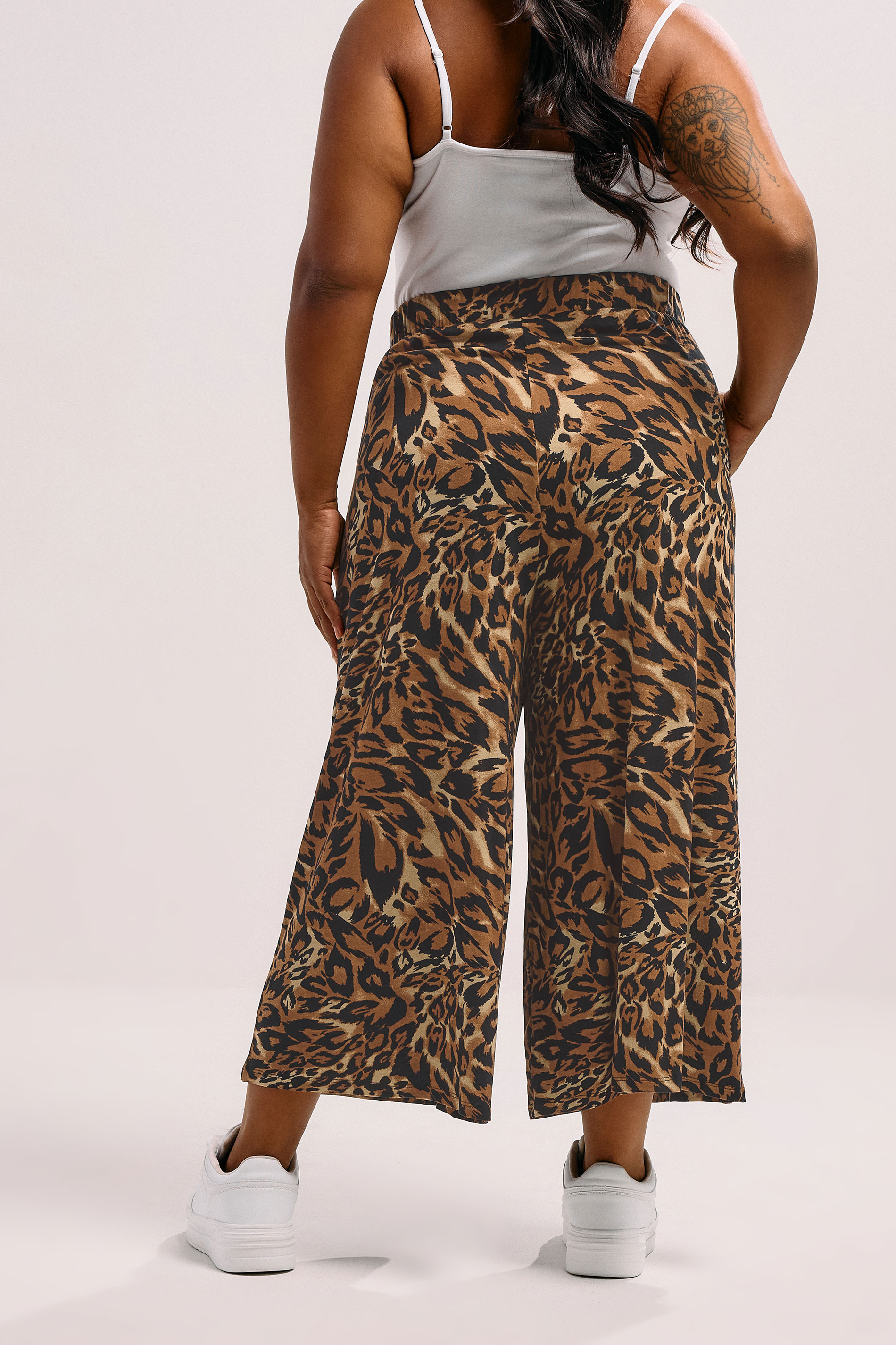 YOURS Plus Size Brown Animal Print Wide Leg Cropped Trousers | Yours Clothing 2