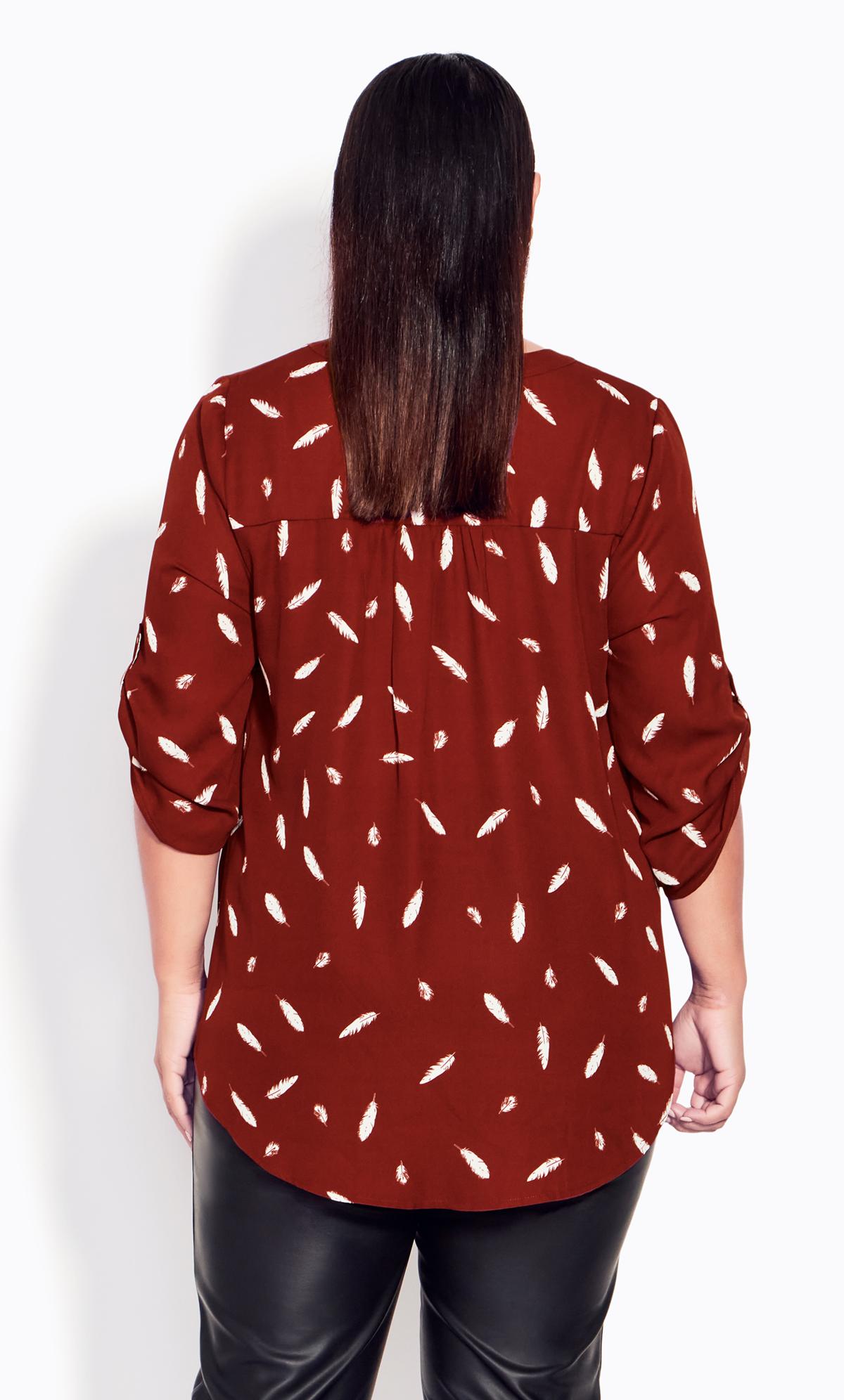 Avenue Burgundy Red Feather Print Zip Neck Shirt 3