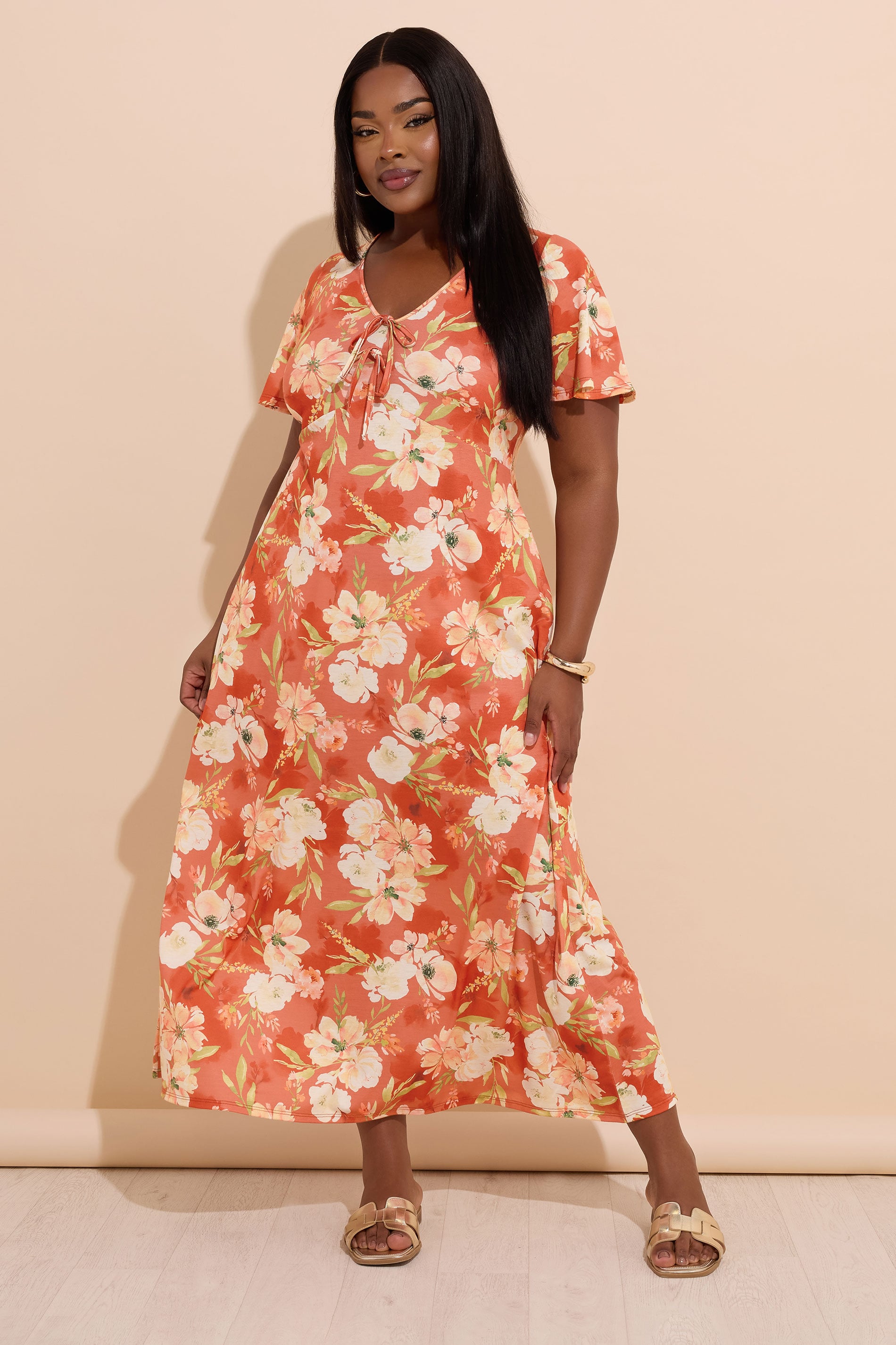 YOURS Plus Size Rust Brown Floral Bow Front Maxi Dress | Yours Clothing 1