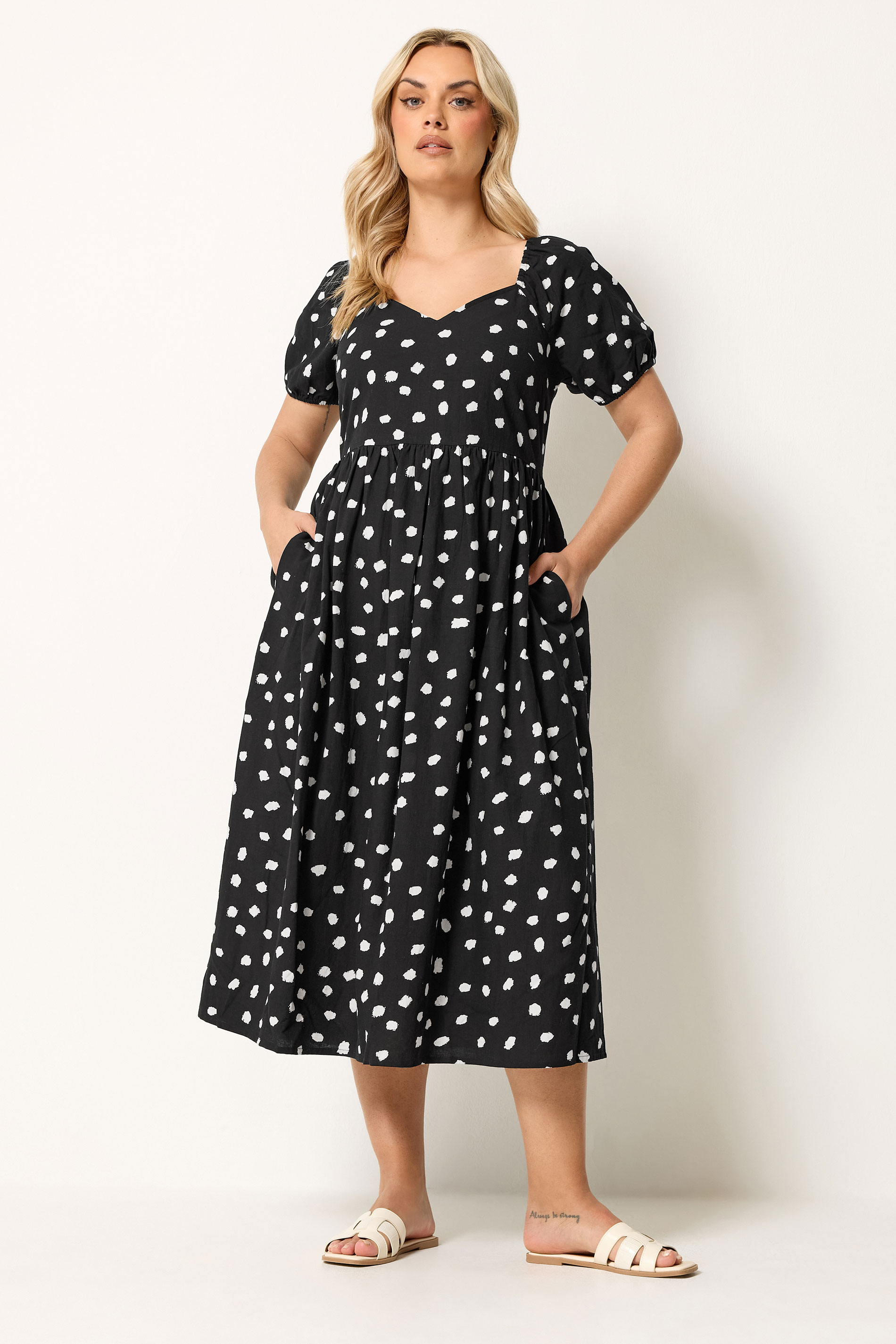 YOURS Plus Size Black Polka Dot Puff Sleeve Linen Dress | Yours Clothing 1