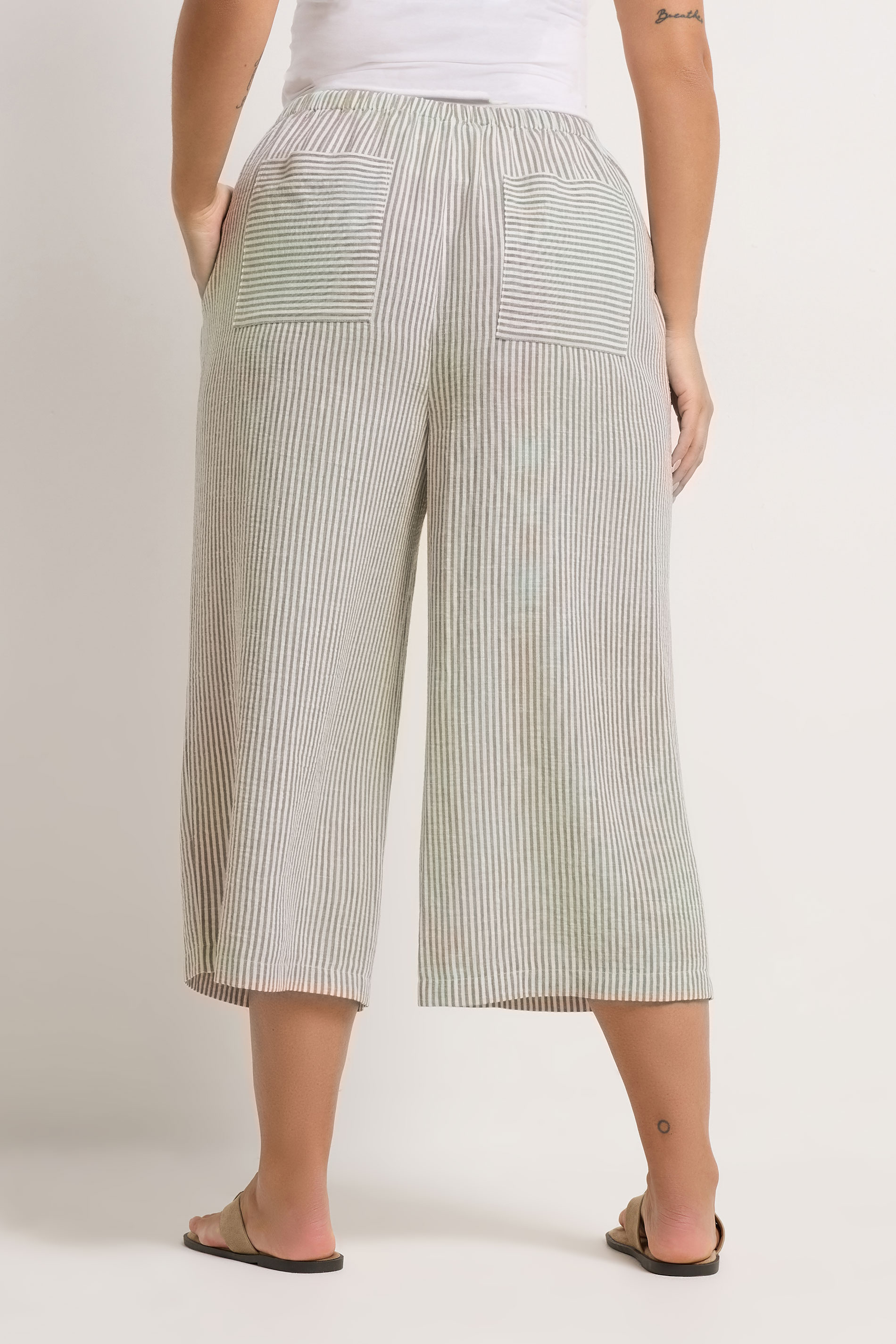YOURS Plus Size Natural Brown Stripe Linen Look Cropped Trousers | Yours Clothing 4