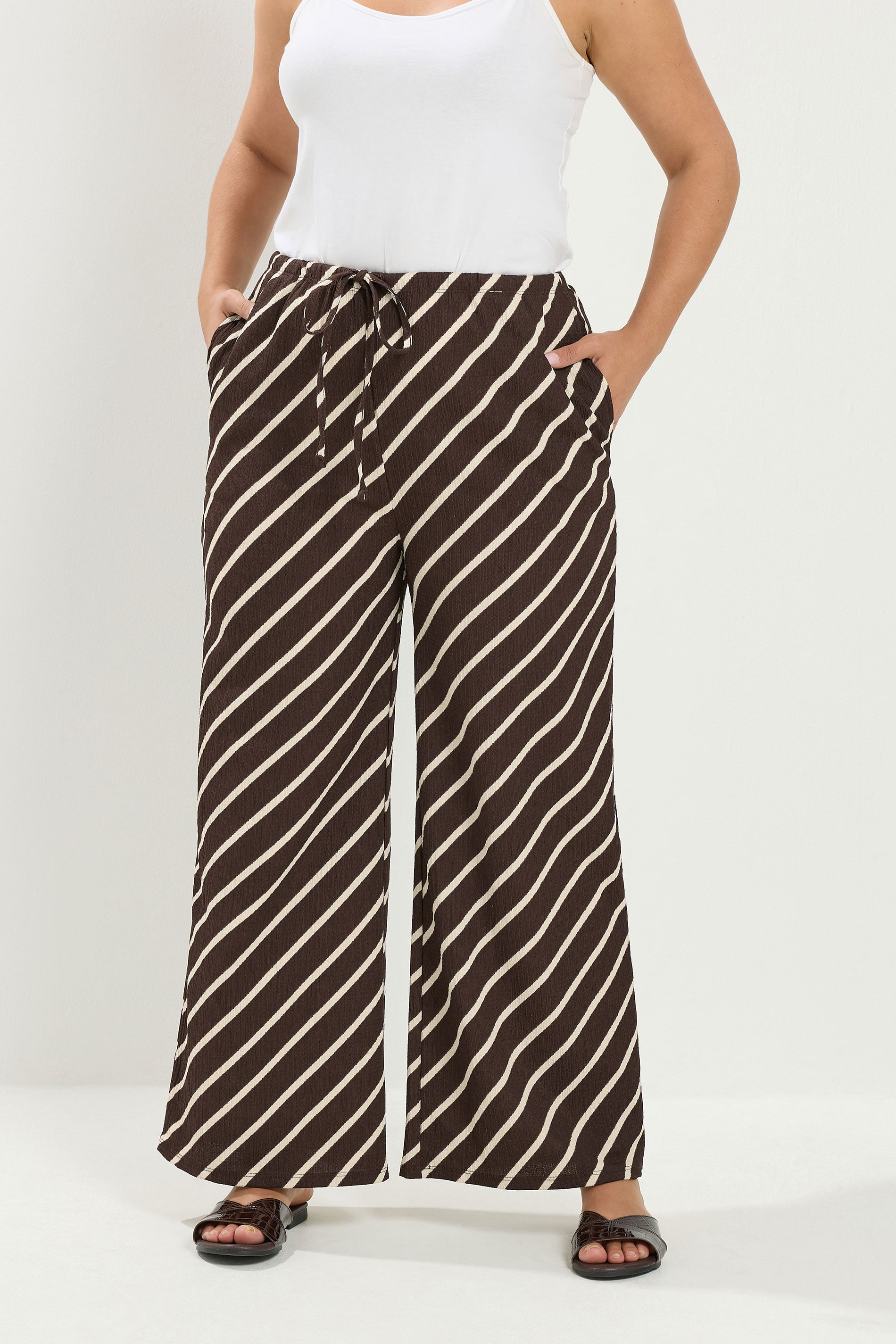 YOURS Plus Size Brown Striped Crinkle Wide Leg Trousers | Yours Clothing 3