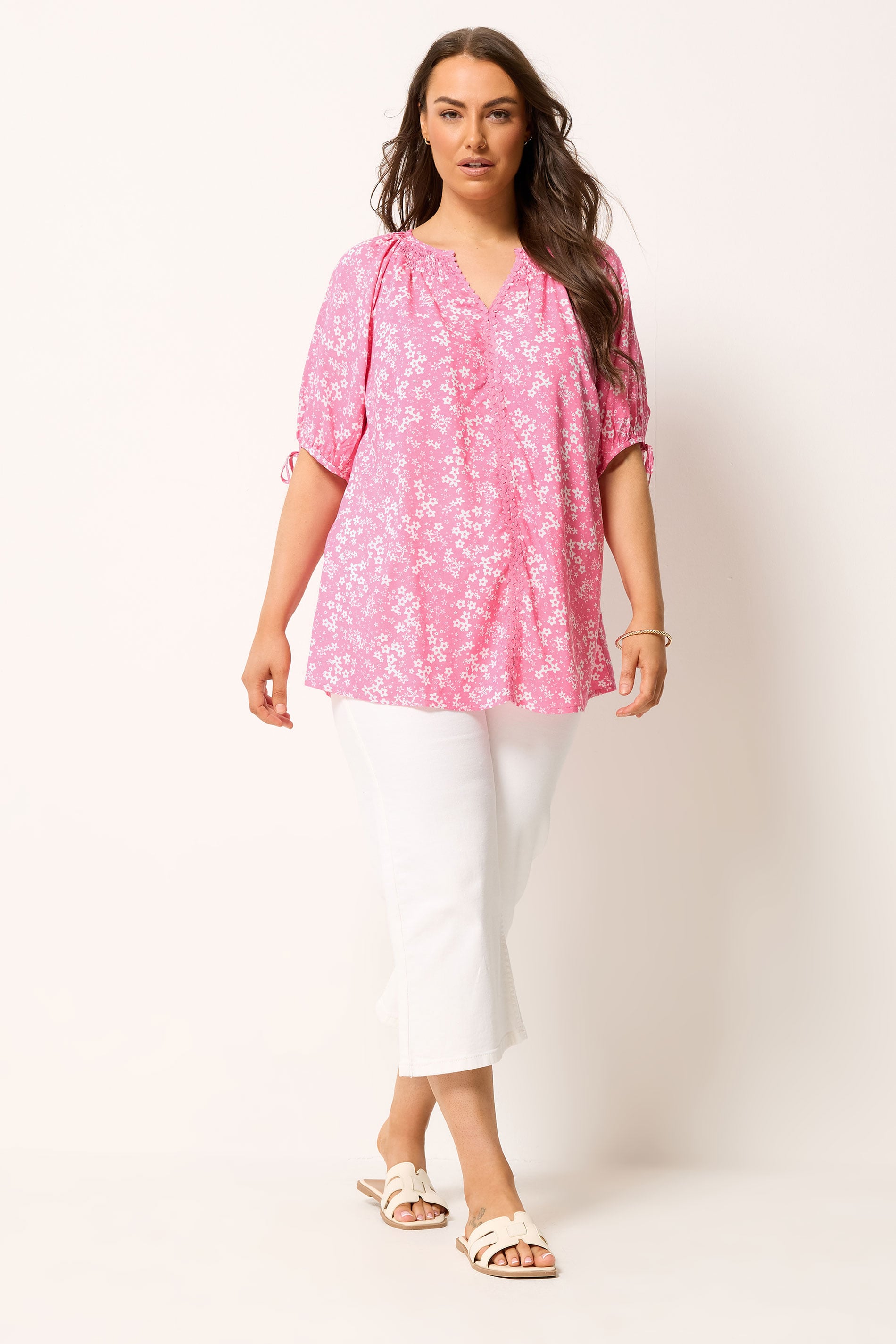 YOURS Plus Size Pink Floral Contrast Trim Blouse | Yours Clothing 1