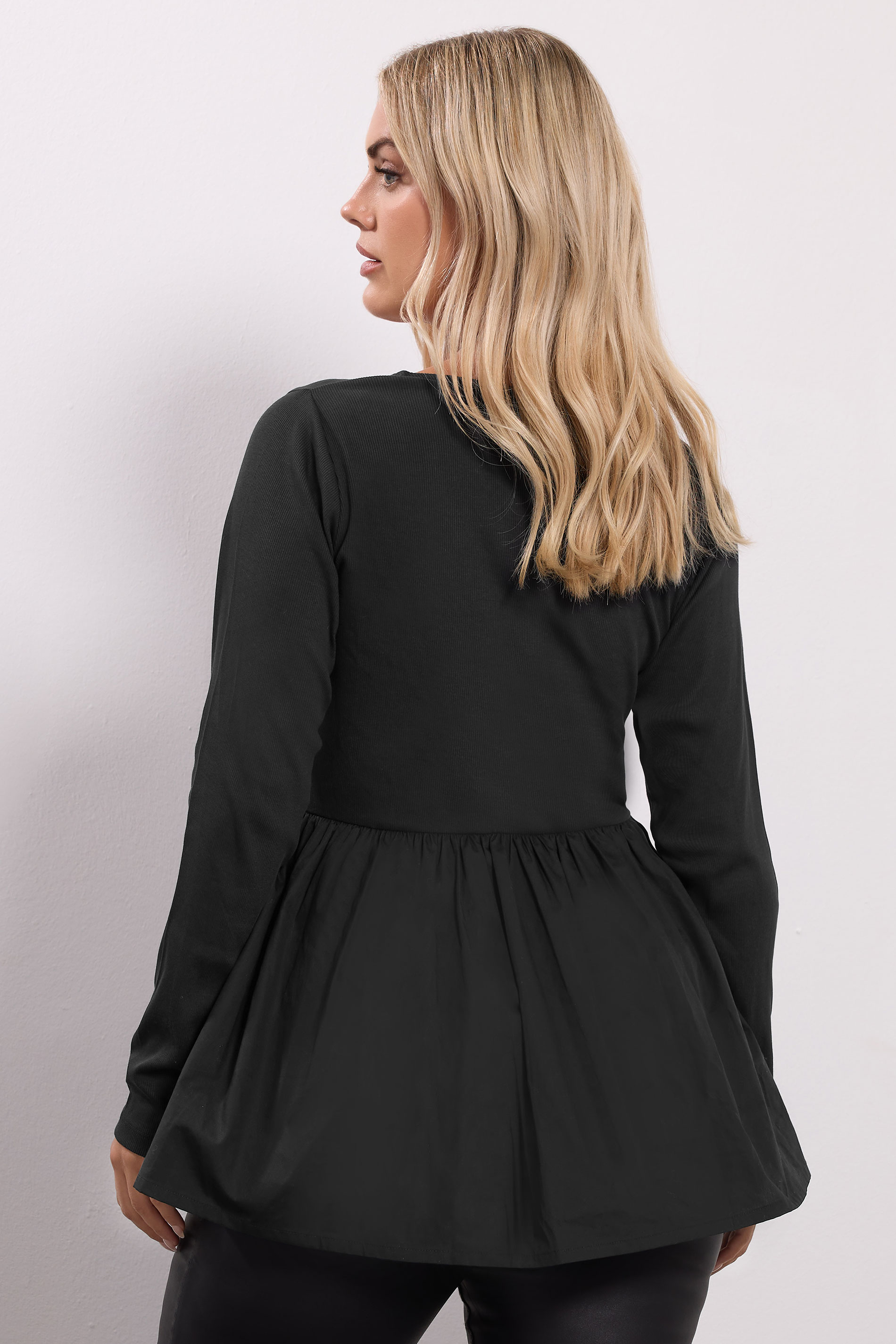 YOURS Plus Size Black Mixed Rib Peplum Top | Yours Clothing 5