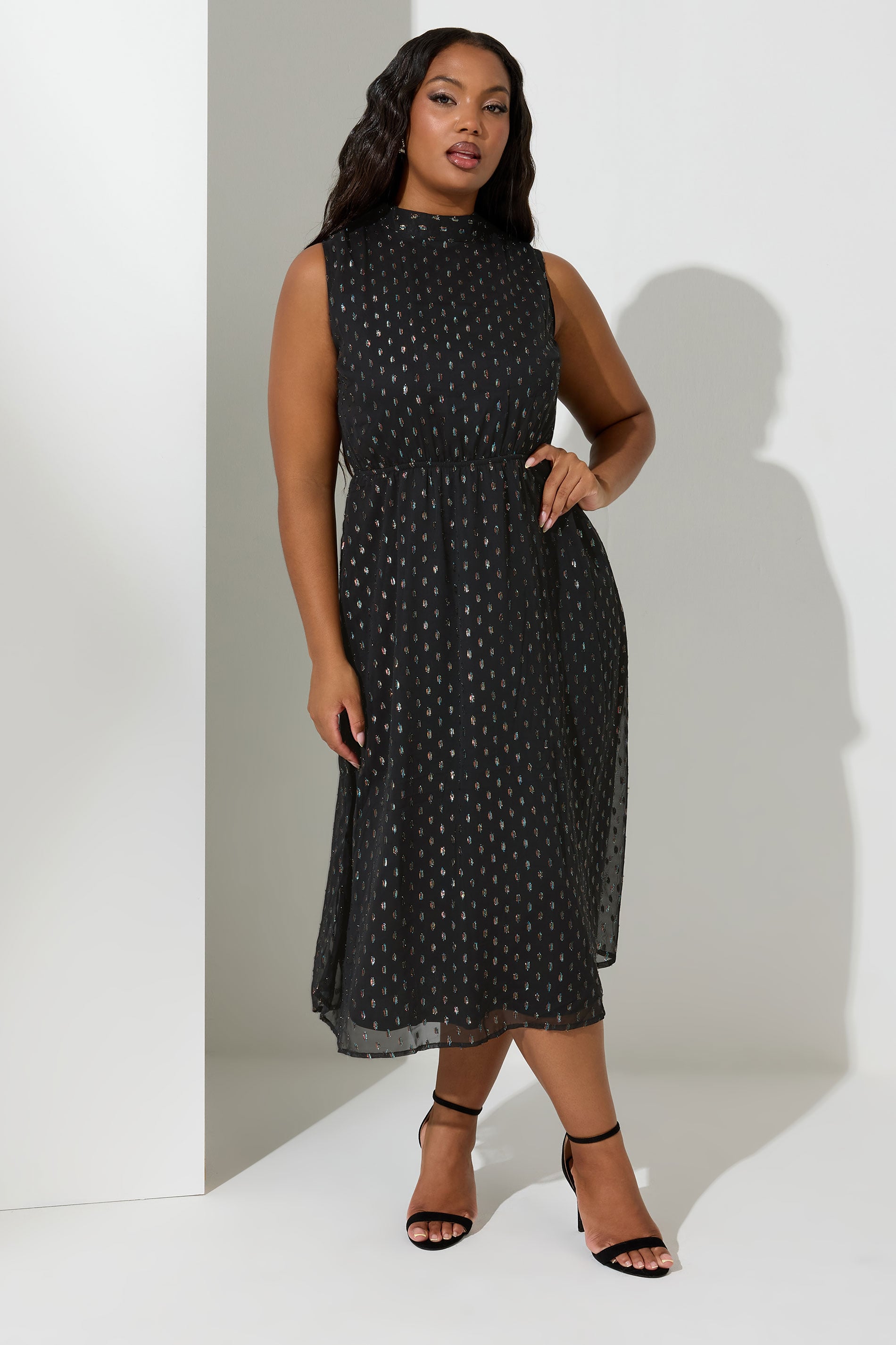 YOURS LONDON Plus Size Black Metallic Dobby Halter Neck Dress | Yours Clothing  3